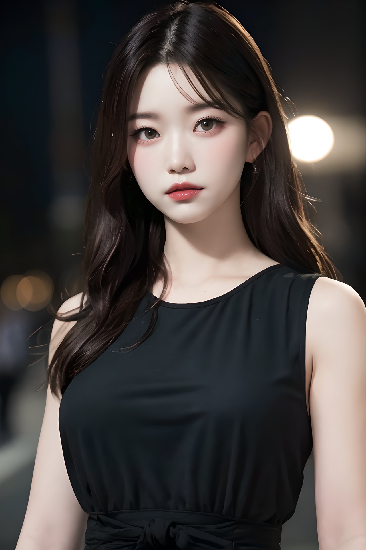 (upper body:1.2), nikon RAW photo,8 k, Fujifilm XT3,masterpiece, best quality, realistic, photorealistic, ultra detailed, extremely detailed face, solo,1girl, standing, fashionable and trendy atmosphere, and a stylish expression on her face, close up, (narrow waist), black dress, walking, at the dark streets, moonrise, sleeveless, fabric clothes, big tits,