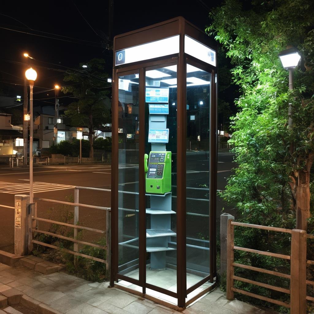 best quality, ultra-detailed, illustration,telephone box, scenery, night, tree, sky, lamppost, outdoors, night sky, plant, building, sign, fence, road, bush, dark, realistic, photo background, japan<lora:Japan_Payphone_SDXL_V2:1>