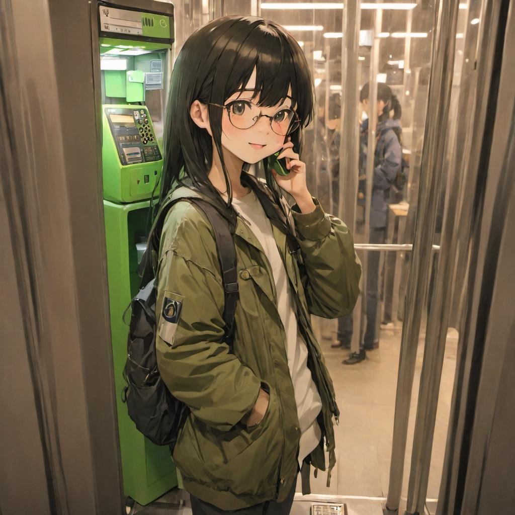 best quality, ultra-detailed, illustration, japanese girl, cute, (shy smile),Japan, Payphone, scenery, phone, blurry, indoors, close-up, realistic, photo background, 1girl, glasses, black hair, long hair, Field jacket, Cargo pants, boots, face palm, :o<lora:Japan_Payphone_SDXL_V1:1>  <lora:offset_0.2:0.5>