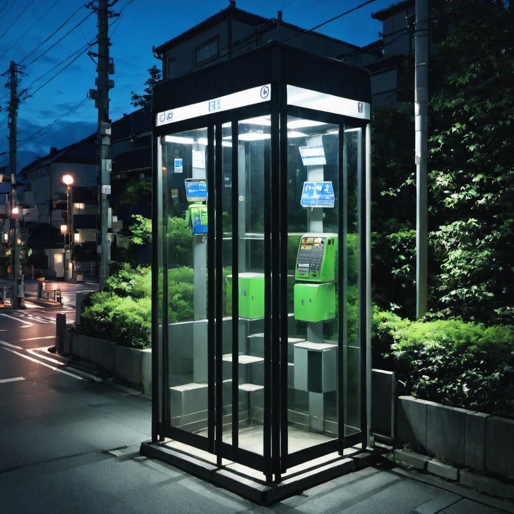 best quality, ultra-detailed, illustration,telephone box, scenery, night, lamppost, outdoors, road, sign, sky, building, city, road sign, street, night sky, cityscape, dark, plant, bush, power lines, utility pole, fence, realistic, photo background, japan,<lora:Japan_Payphone_SDXL_V1:1>  <lora:offset_0.2:0.5>