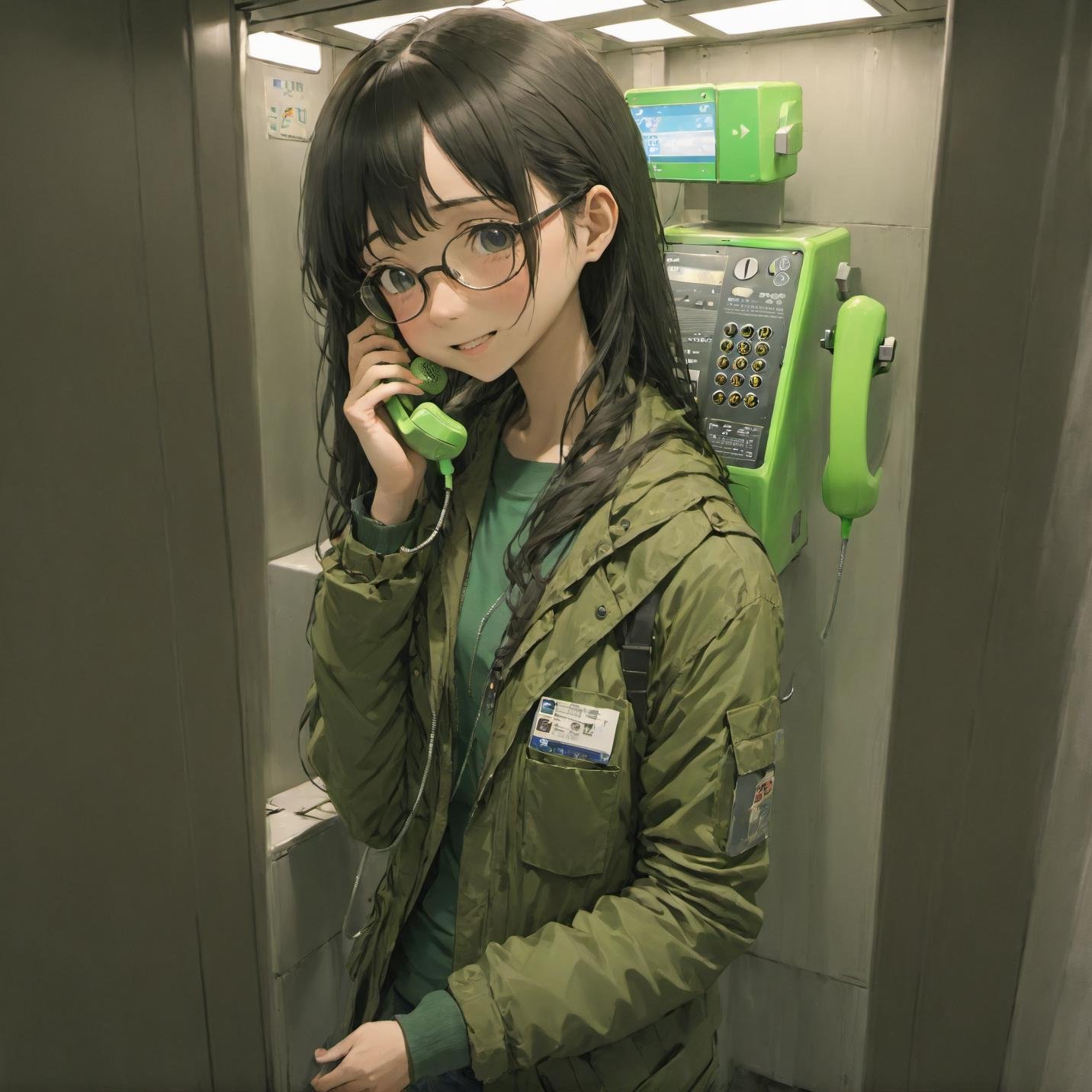 best quality, ultra-detailed, illustration, japanese girl, cute, (shy smile),Japan, Payphone, scenery, phone, blurry, indoors, close-up, realistic, photo background,1girl, glasses, black hair, long hair, Field jacket, Cargo pants, boots, face palm, :o<lora:Japan_Payphone_SDXL_V2:1>  <lora:sd_xl_offset_example-lora_1.0:0.5>