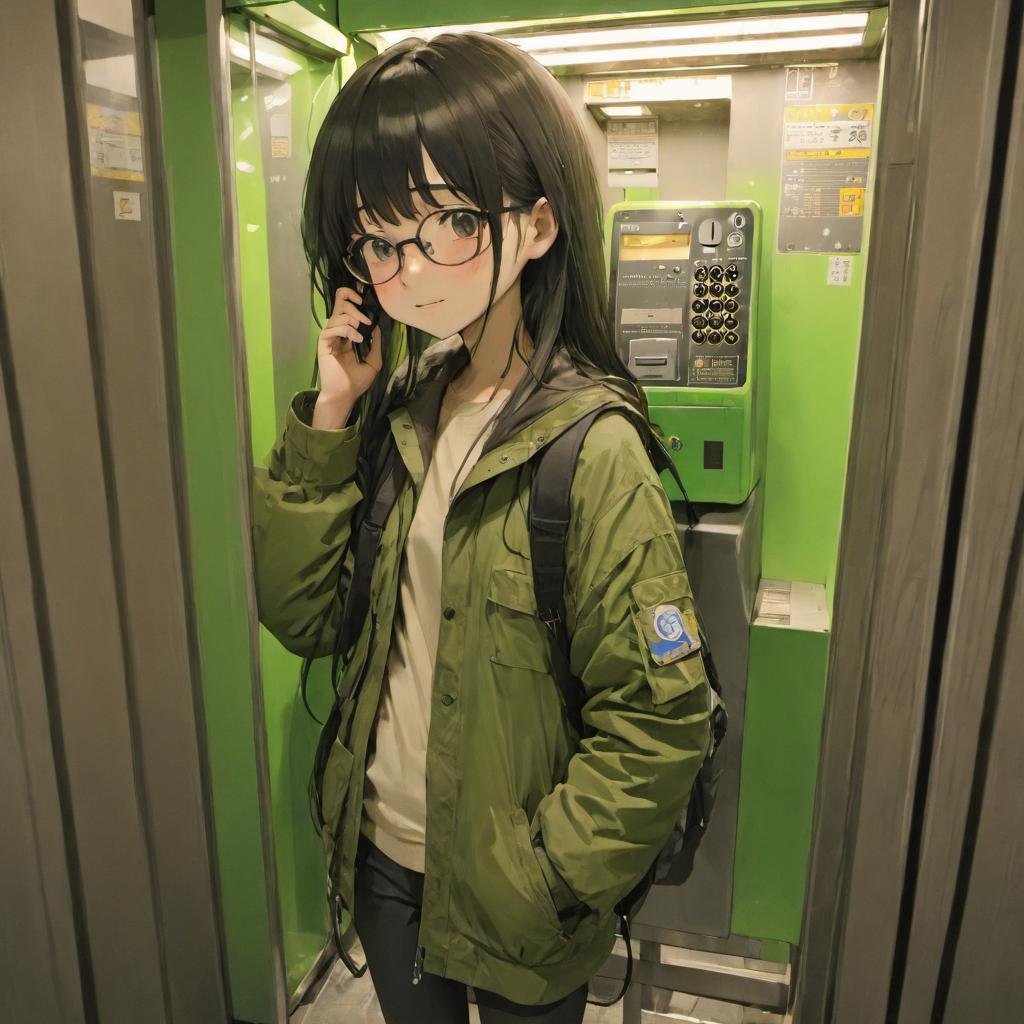 best quality, ultra-detailed, illustration, japanese girl, cute, (shy smile),Japan, Payphone, scenery, phone, blurry, indoors, close-up, realistic, photo background, 1girl, glasses, black hair, long hair, Field jacket, Cargo pants, boots, face palm, :o<lora:Japan_Payphone_SDXL_V1:1>  <lora:offset_0.2:0.5>