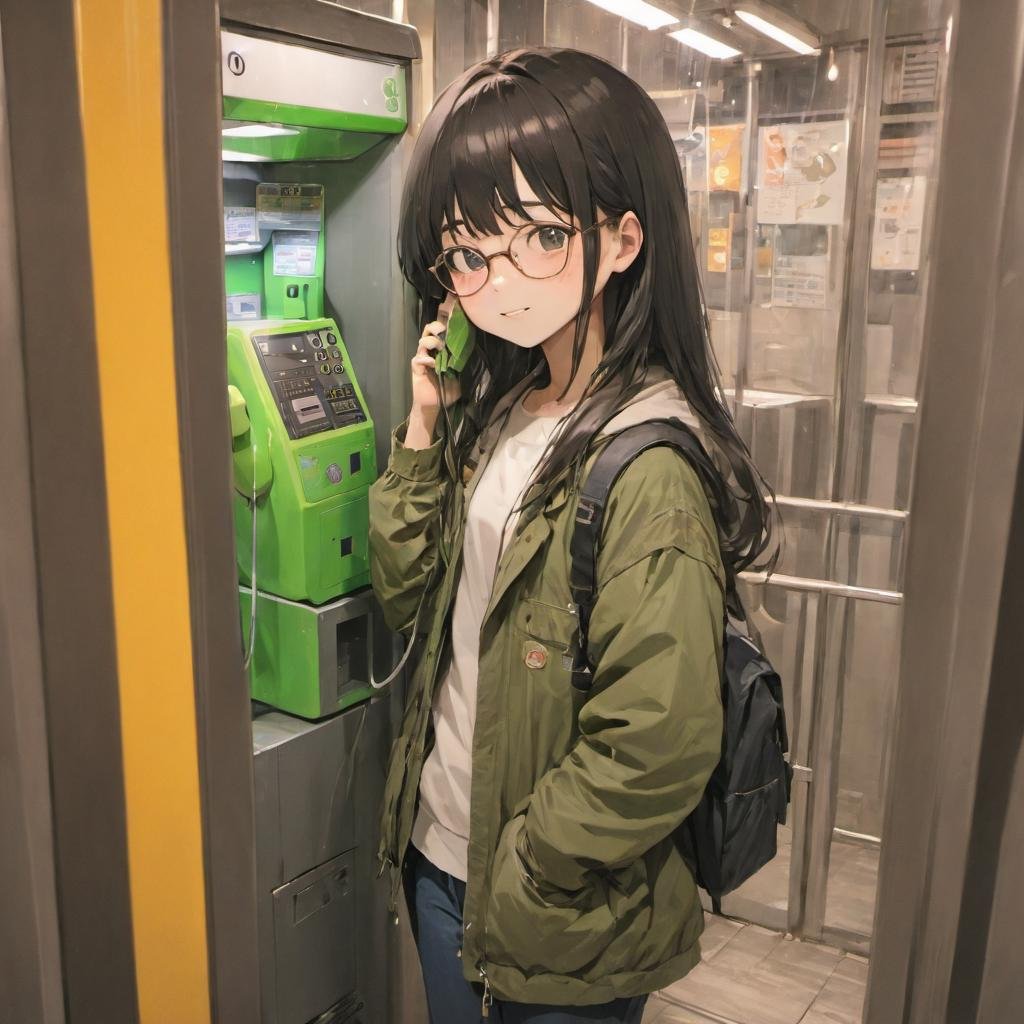 best quality, ultra-detailed, illustration, japanese girl, cute, (shy smile),Japan, Payphone, scenery, phone, blurry, indoors, close-up, realistic, photo background, 1girl, glasses, black hair, long hair, Field jacket, Cargo pants, boots, face palm, :o<lora:Japan_Payphone_SDXL_V1:1>  <lora:offset_0.2:0.5>