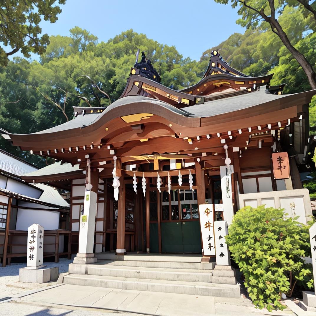 best quality, ultra-detailed, illustration,jinzya, tree, outdoors, shrine, scenery, day, shimenawa, cherry blossoms, real world location, east asian architecture, architecture, box, sky, realistic, photo background <lora:JAPAN_Scenery_Jinjya_SD15_V2:1>