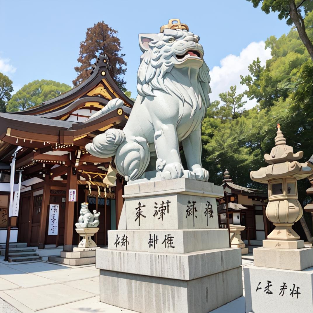 best quality, ultra-detailed, illustration,komainu, jinzya, statue, shrine, outdoors, tree, stairs, scenery, real world location, stone lantern, fence, day, architecture, night, sky, east asian architecture, building,  <lora:JAPAN_Scenery_Jinjya_SD15_V2:1>