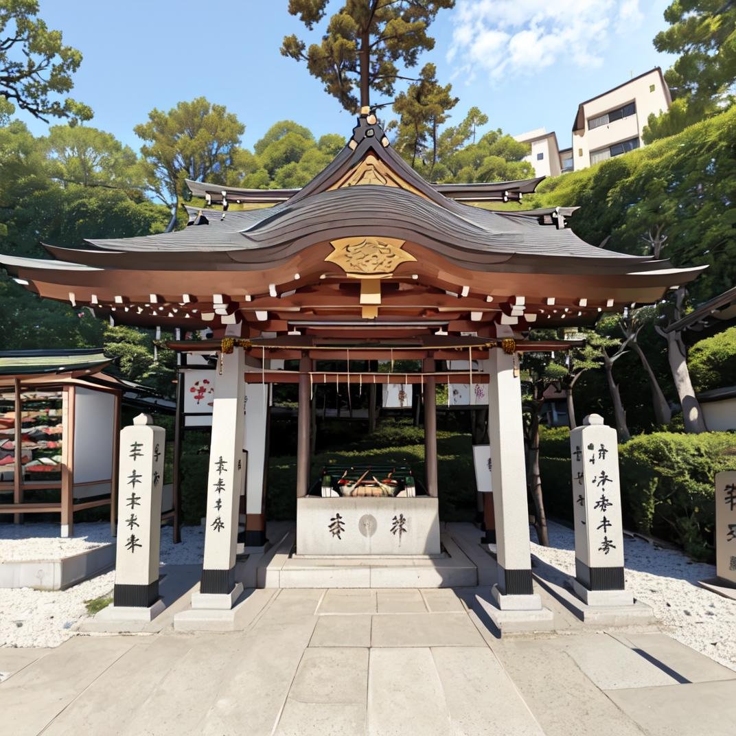 best quality, ultra-detailed, illustration,chozuya, outdoors, scenery, shrine, tree, day, rope, shimenawa, sky, architecture, grass, east asian architecture, building, realistic, photo background <lora:JAPAN_Scenery_Jinjya_SD15_V2:1>