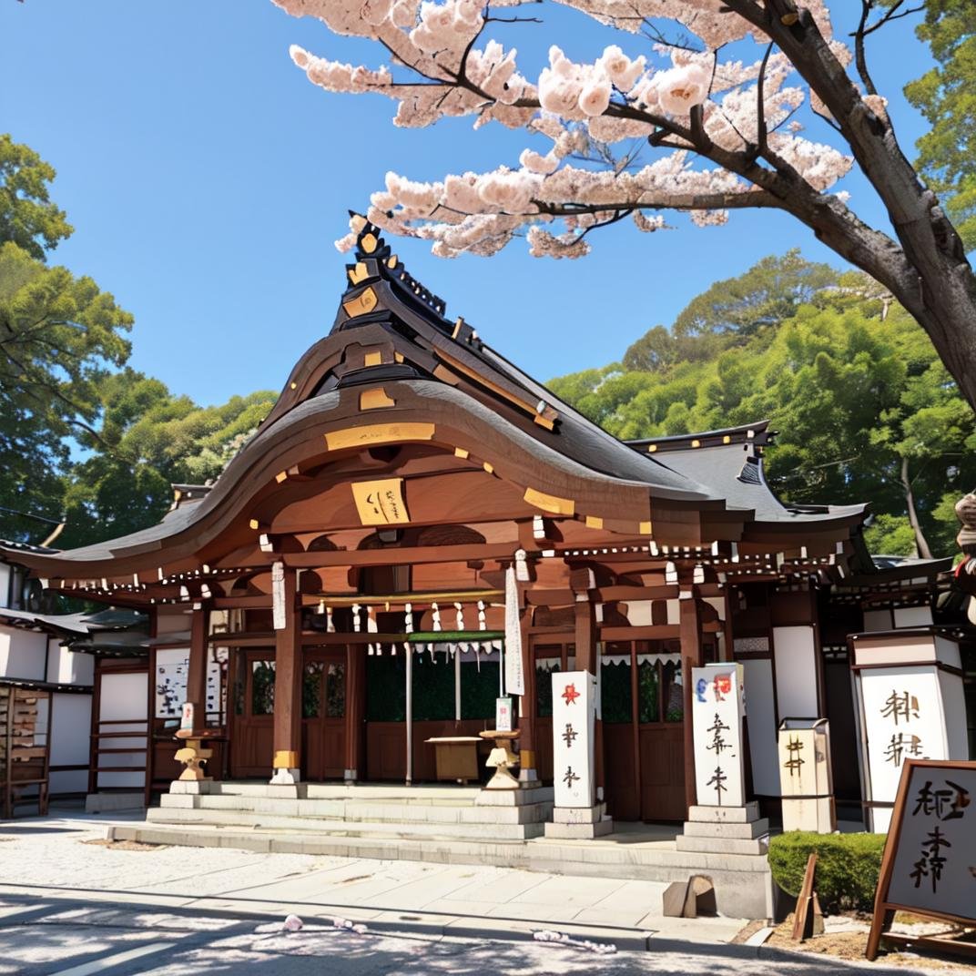 best quality, ultra-detailed, illustration,jinzya, tree, outdoors, shrine, scenery, day, shimenawa, cherry blossoms, real world location, east asian architecture, architecture, box, sky, realistic, photo background <lora:JAPAN_Scenery_Jinjya_SD15_V2:1>