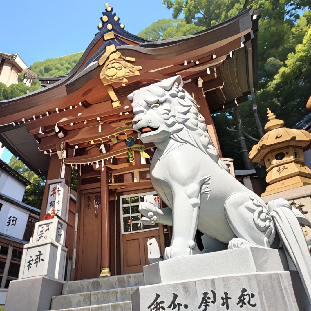 best quality, ultra-detailed, illustration,komainu, jinzya, statue, shrine, outdoors, tree, stairs, scenery, real world location, stone lantern, fence, day, architecture, night, sky, east asian architecture, building,  <lora:JAPAN_Scenery_Jinjya_SD15_V2:1>