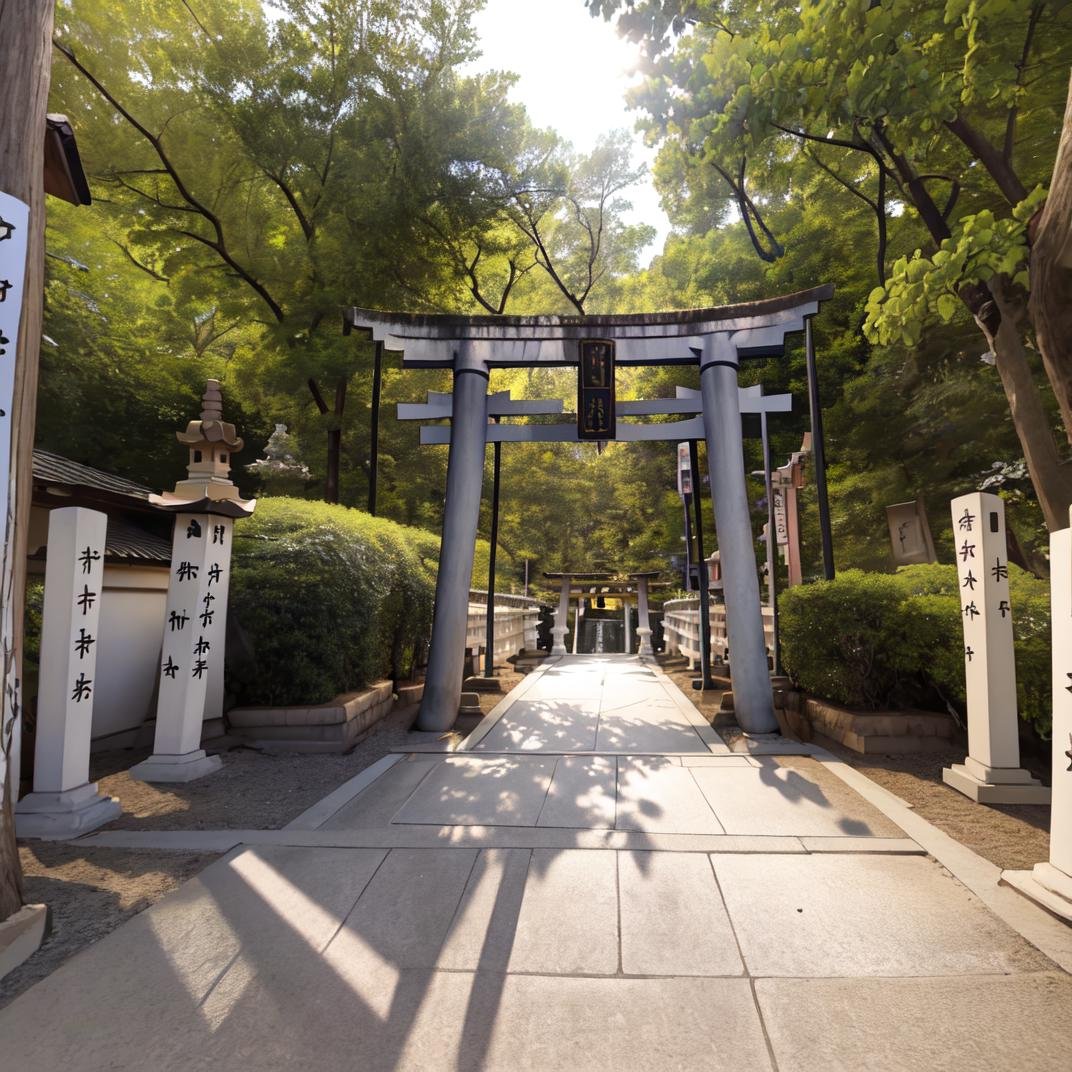 best quality, ultra-detailed, illustration,jinzya, torii, tree, scenery, outdoors, stairs, day, real world location, sunlight, traditional media, shrine,  <lora:JAPAN_Scenery_Jinjya_SD15_V2:1>