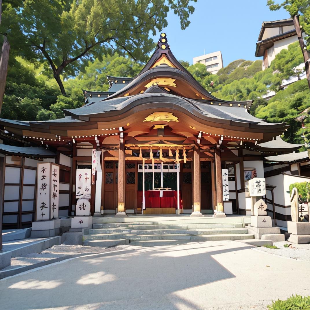 best quality, ultra-detailed, illustration,jinzya, tree, outdoors, shrine, scenery, day, shimenawa, cherry blossoms, real world location, east asian architecture, architecture, box, sky, realistic, photo background <lora:JAPAN_Scenery_Jinjya_SD15_V2:1>