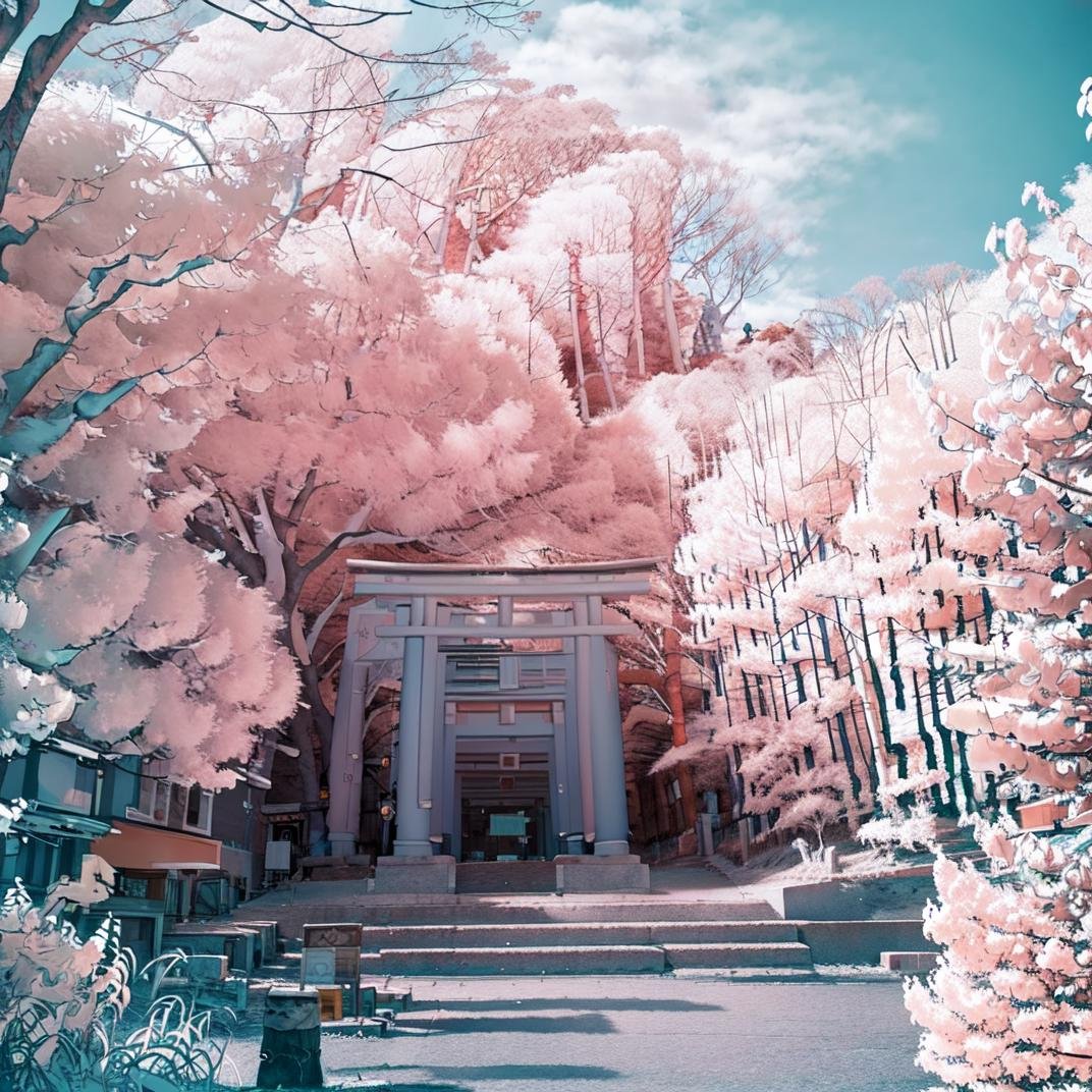 best quality, ultra-detailed, illustration,Infrared_photography, outdoors, scenery, tree, no humans, torii, sky, day, blue sky, cloud, stairs, monochrome, <lora:Infrared_photography_SD15_V2:1>