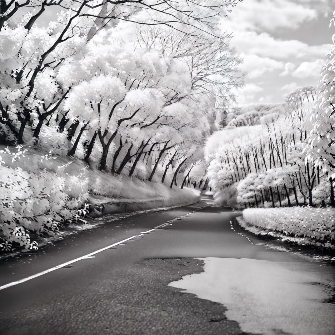 best quality, ultra-detailed, illustration,Infrared_photography, no humans, scenery, nature, tree, forest, outdoors, cloud, sky, reflection, cloudy sky, road, realistic, (greyscale, monochrome:1.4), <lora:Infrared_photography_SD15_V2:1>