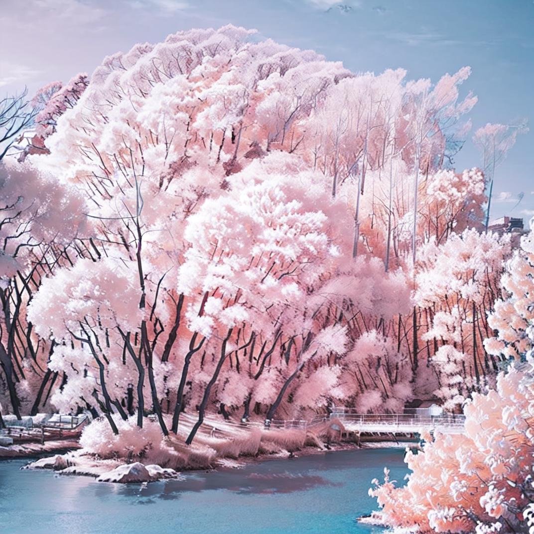 best quality, ultra-detailed, illustration,Infrared_photography, no humans, scenery, sky, outdoors, tree, blue sky, day, cloud, building<lora:Infrared_photography_SD15_V2:1>