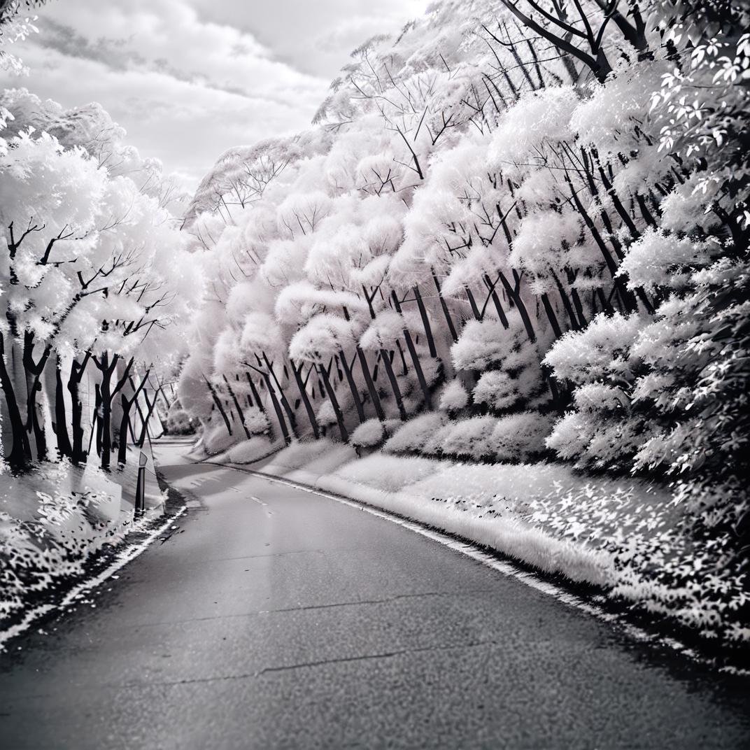 best quality, ultra-detailed, illustration,Infrared_photography, no humans, scenery, nature, tree, forest, outdoors, cloud, sky, reflection, cloudy sky, road, realistic, (greyscale, monochrome:1.4), <lora:Infrared_photography_SD15_V2:1>