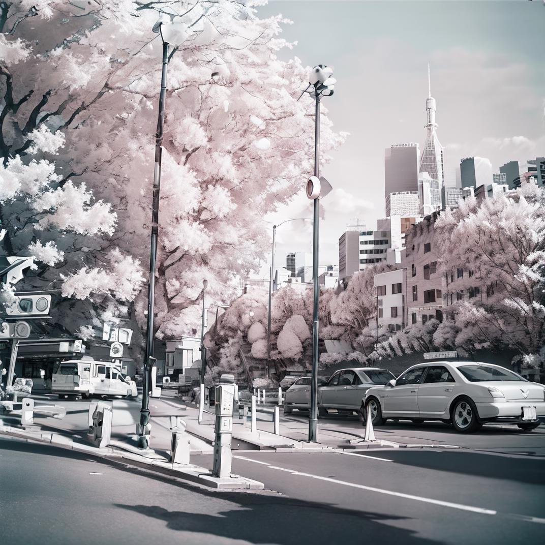 best quality, ultra-detailed, illustration,Infrared_photography, no humans, scenery, ground vehicle, motor vehicle, outdoors, tree, road, car, sky, road sign, building, lamppost, sign, street, cloud, sky, day, window, city, realistic, greyscale, monochrome, <lora:Infrared_photography_SD15_V2:1>