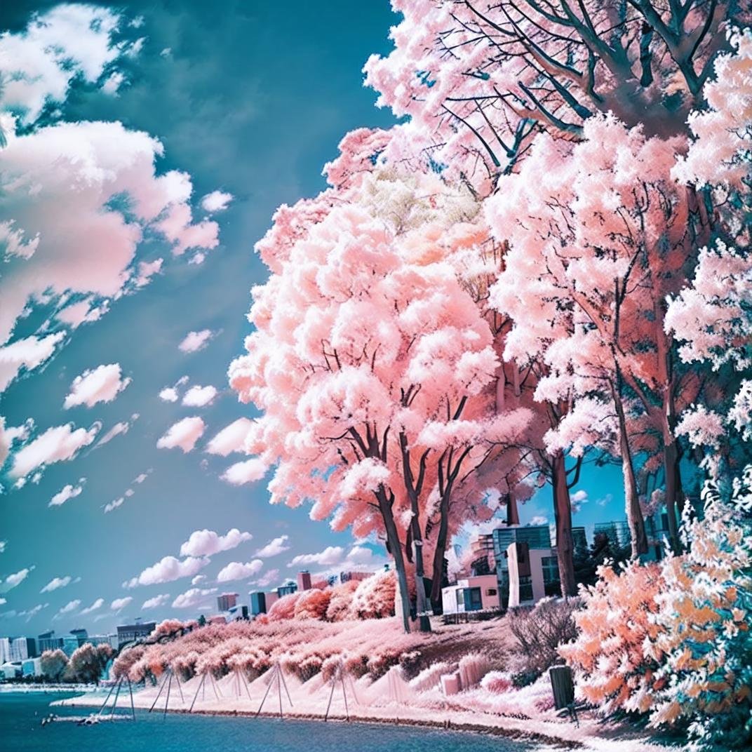 best quality, ultra-detailed, illustration,Infrared_photography, no humans, scenery, sky, outdoors, tree, blue sky, day, cloud, building<lora:Infrared_photography_SD15_V2:1>