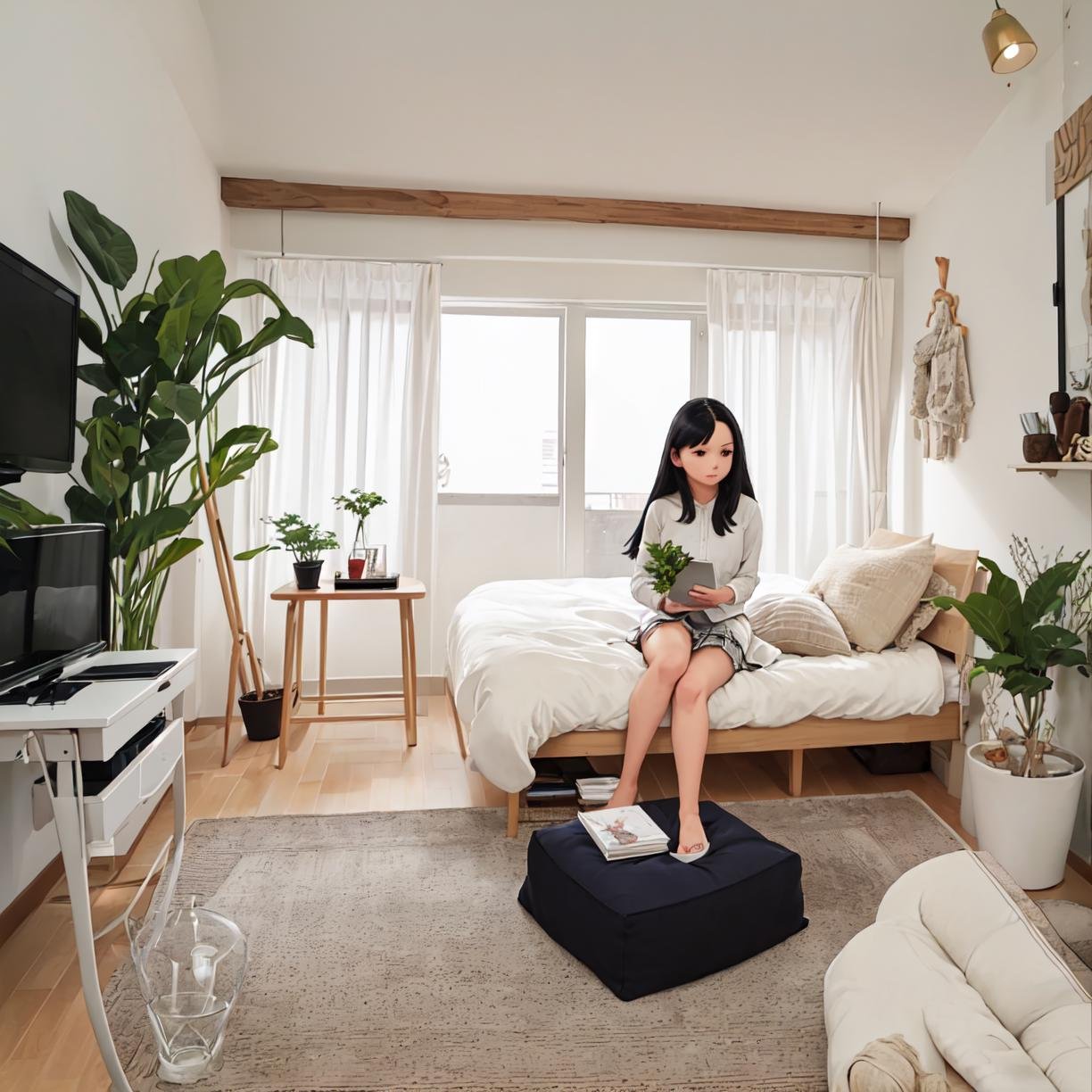 best quality, ultra-detailed, illustration, extremely intricate,JJROOM, scenery, 1girl, chair, indoors, sitting, slippers, book, plant, black hair, long hair, bed, blanket, window, lamp, pillow, curtains, table, computer, potted plant, skirt, realistic, photo (medium), photo background <lora:JAPAN_Scenery_Hitorikurashi_Joshi_no_Heya_SD15_V1:1>