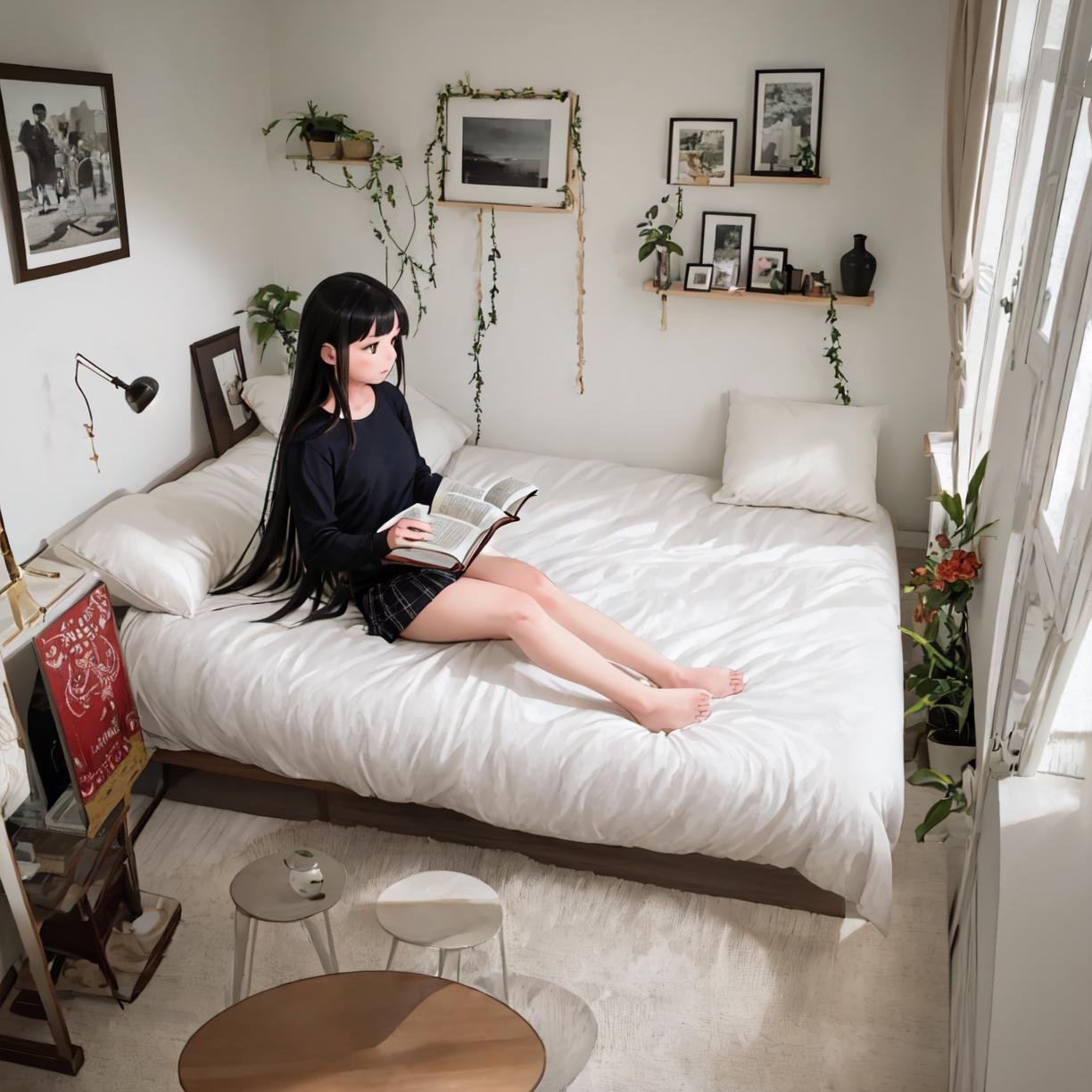 best quality, ultra-detailed, illustration, extremely intricate,JJROOM, scenery, 1girl, black hair, sitting, long hair, indoors, book, bed, skirt, pillow, curtains, window, holding, long sleeves, reading, shirt, realistic, solo, <lora:JAPAN_Scenery_Hitorikurashi_Joshi_no_Heya_SD15_V1:1>