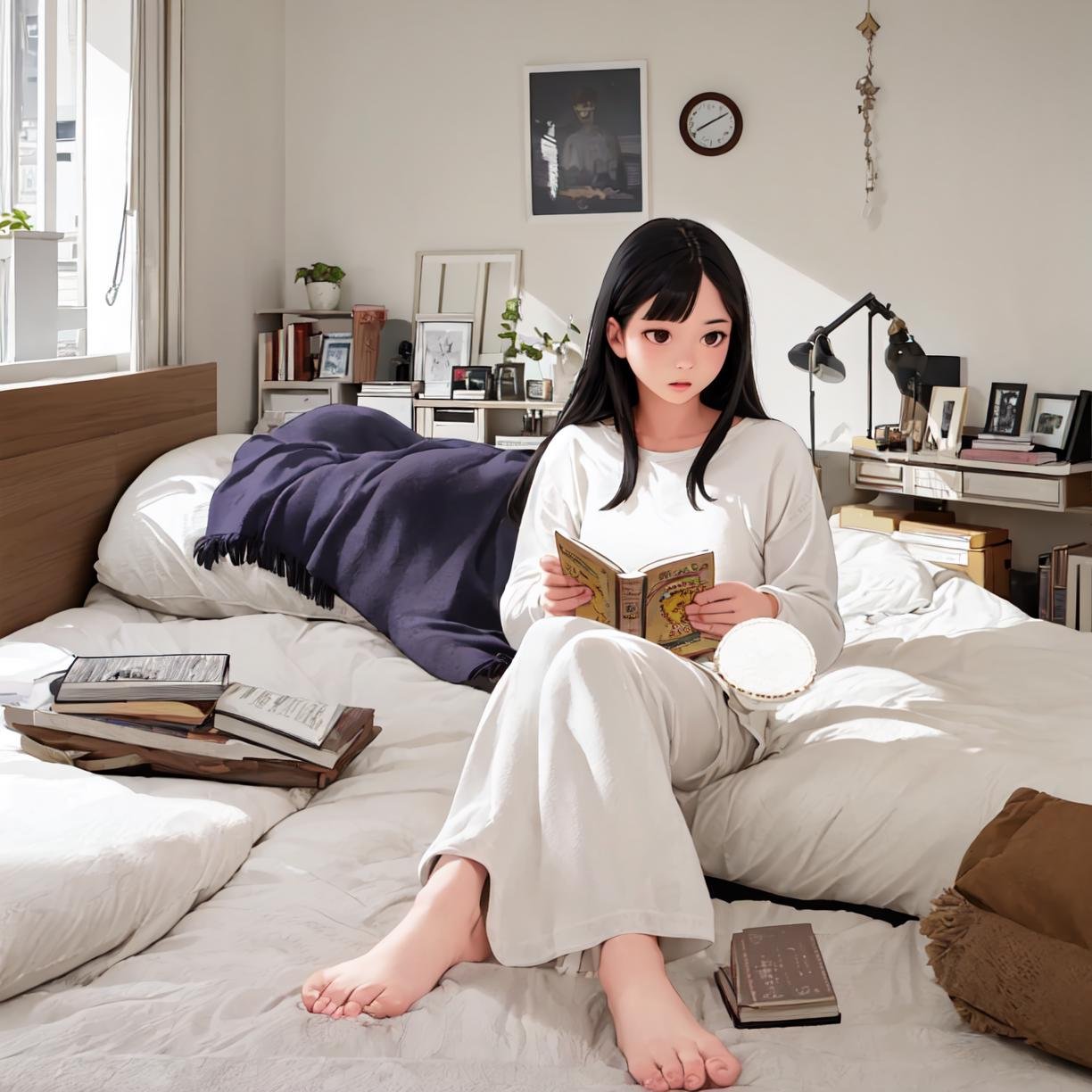 best quality, ultra-detailed, illustration, extremely intricate,JJROOM, scenery, 1girl, black hair, sitting, long hair, indoors, book, bed, skirt, pillow, curtains, window, holding, long sleeves, reading, shirt, realistic, solo, <lora:JAPAN_Scenery_Hitorikurashi_Joshi_no_Heya_SD15_V1:1>