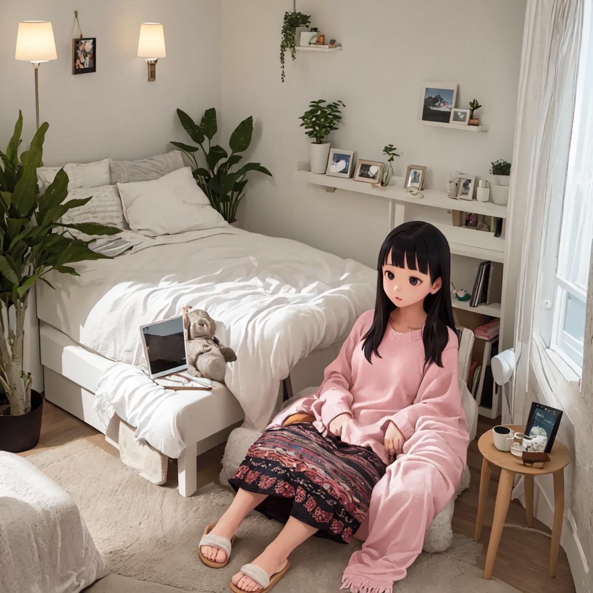 best quality, ultra-detailed, illustration, extremely intricate,JJROOM, scenery, 1girl, chair, indoors, sitting, slippers, book, plant, black hair, long hair, bed, blanket, window, lamp, pillow, curtains, table, computer, potted plant, skirt, realistic, photo (medium), photo background <lora:JAPAN_Scenery_Hitorikurashi_Joshi_no_Heya_SD15_V1:1>