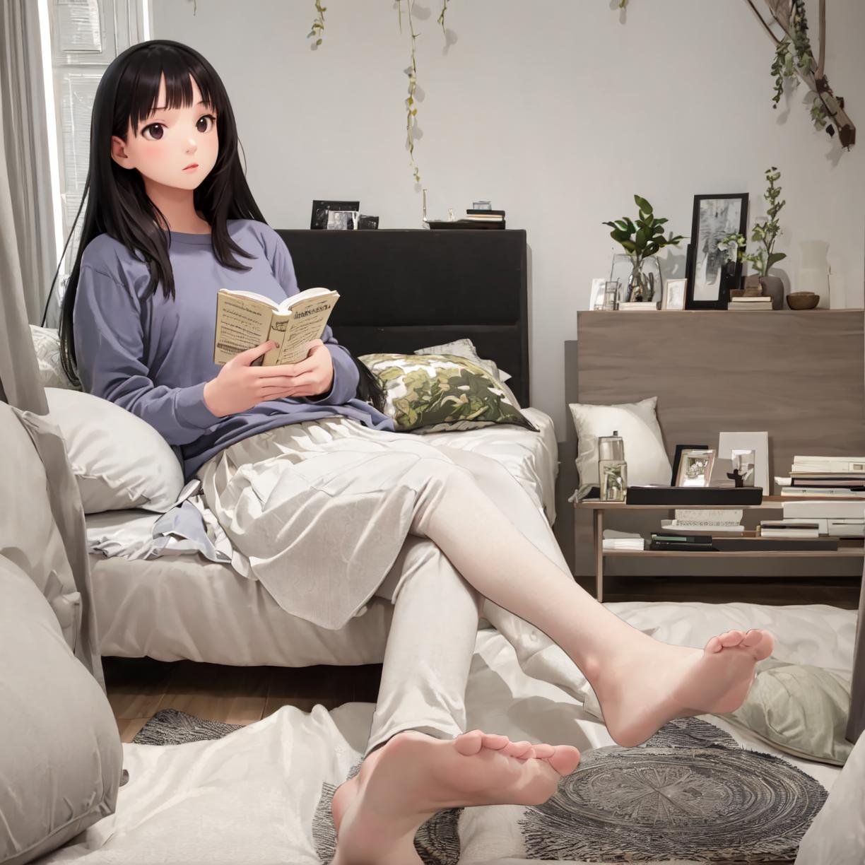 best quality, ultra-detailed, illustration, extremely intricate,JJROOM, scenery, 1girl, black hair, sitting, long hair, indoors, book, bed, skirt, pillow, curtains, window, holding, long sleeves, reading, shirt, realistic, solo, <lora:JAPAN_Scenery_Hitorikurashi_Joshi_no_Heya_SD15_V1:1>