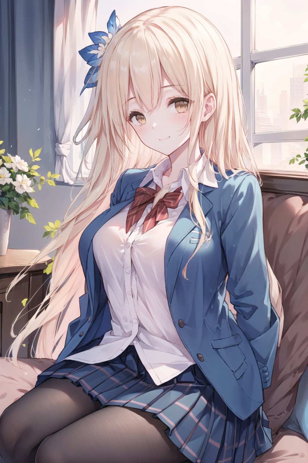 1girl,solo,tender, sister.long_hair,brown_eyes,blazer,blue_jacket,brown_skirt,long_sleeves,plaid_skirt,pleated_skirt,school_uniform,open_clothes,white shirt,large_breasts,open_jacket;;sitting,smile,closed_mouth,blush,looking_at_viewer.
\BREAK\
white background,HDR, UHD, 8K, Highly detailed, best quality, masterpiece, realistic, Highly detailed, (EOS R8, 50mm, F1.2, 8K, RAW photo:1.2), ultra realistic 8k cg.