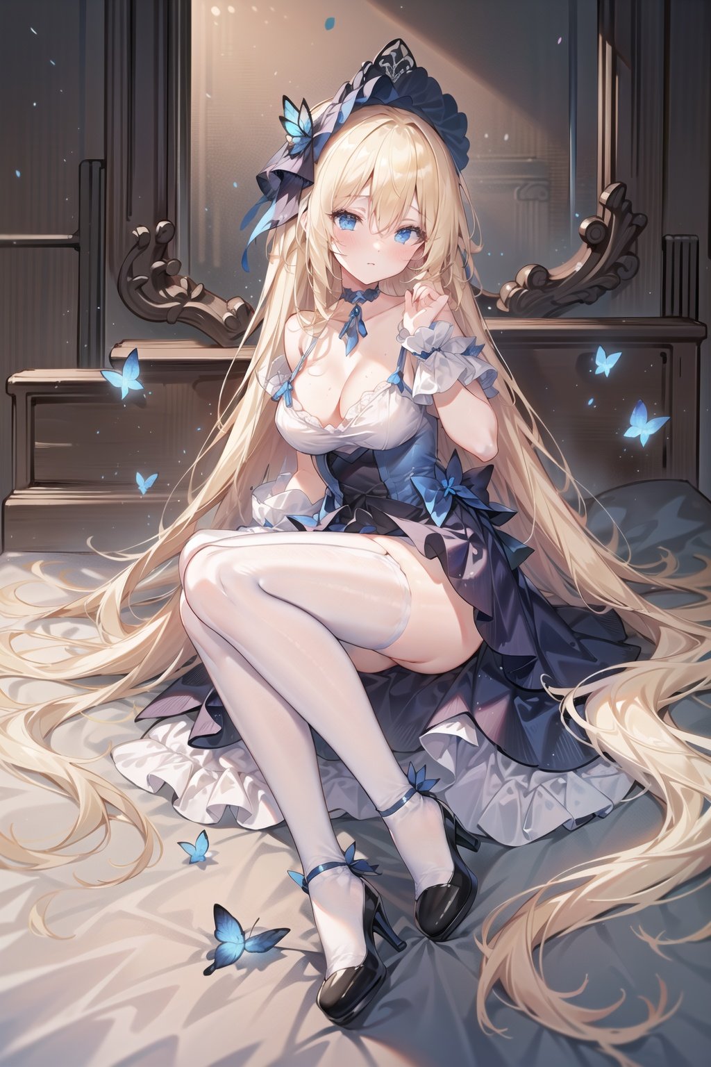  1girl,masterpiece, (8k, best quality, masterpiece:1.2),highly detailed,ultra-detailed,masterclass,best quality,illustration,hair_between_eyes,perfect lighting,blue butterfly hair ornament,blonde hair,long hair,black choker,blue eyes,swimsuit,