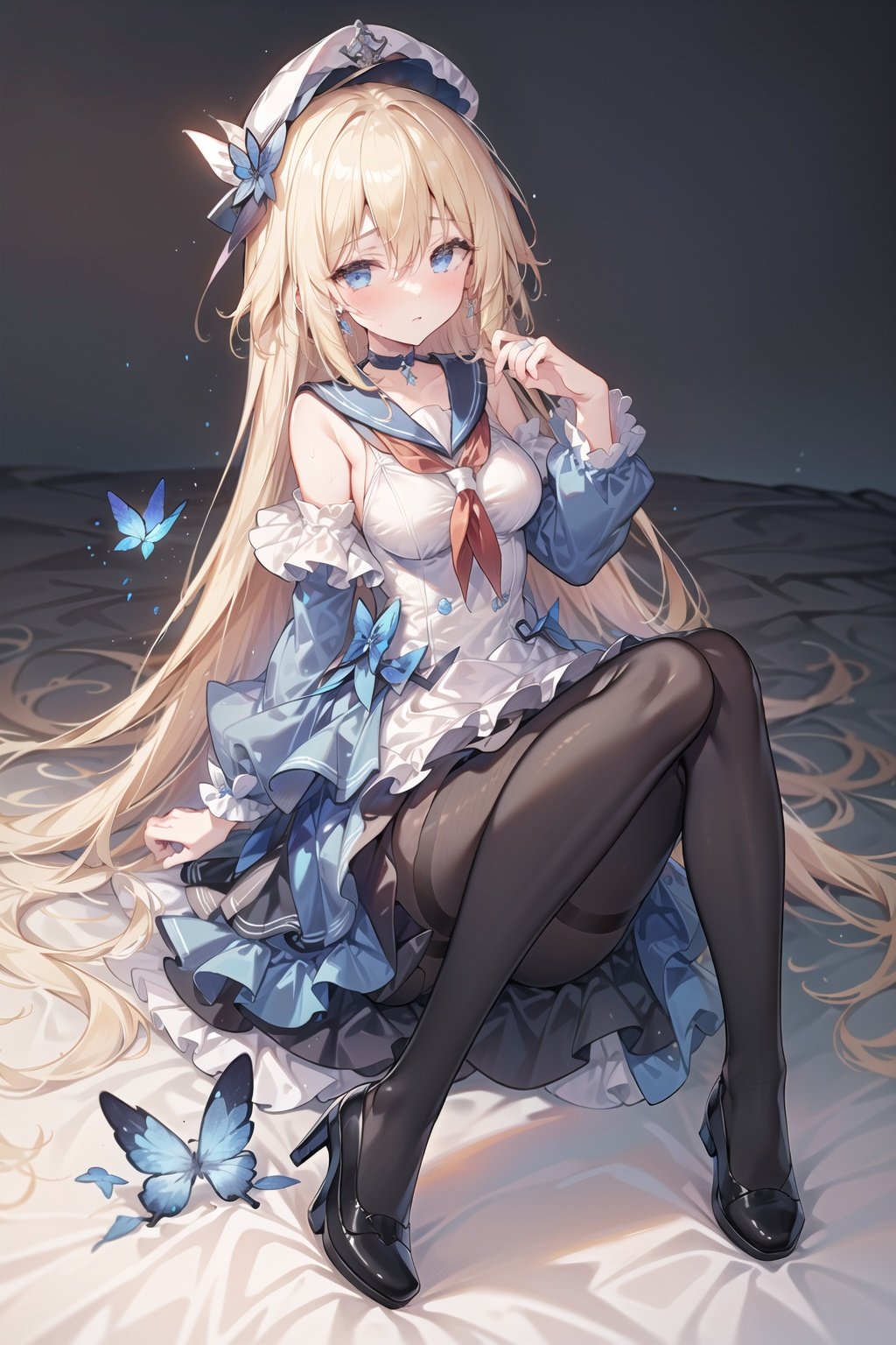  1girl,masterpiece, (8k, best quality, masterpiece:1.2),highly detailed,ultra-detailed,masterclass,best quality,illustration,hair_between_eyes,perfect lighting,Slightly transparent white stocking ,sweat,medium breasts,white lace stocking,blue butterfly hair ornament, ring, earrings,blush, nose blush,blonde hair,long hair,blue high-heeled shoes,blue choker,blue eyes,sailor suit,peaked cap,