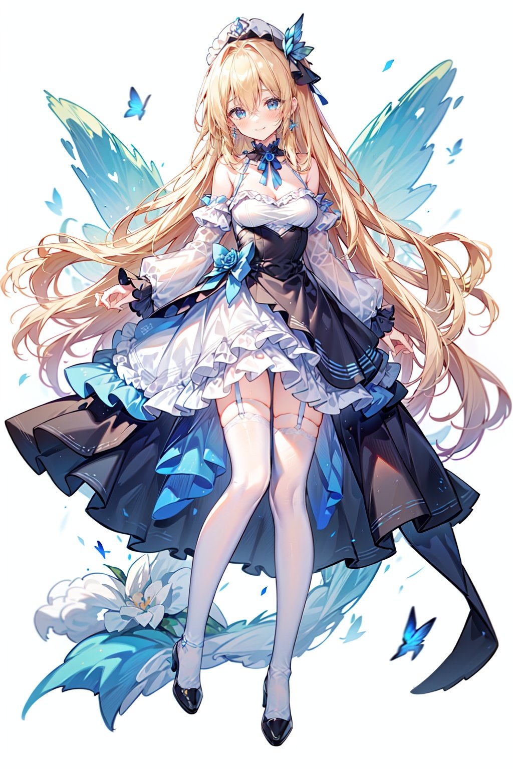  (pure_white background),simple background.
\BREAK\
1girl,solo,saratoga,coolsummertravel,tender sister.detailed face,highly detailed eyes,long hair,highly detailed eyes,earrings,scrunchie,hair between eyes,white legwear,bare shoulders,blue high heels,lolita shoes,jewelry,garter straps,hair ornament,blue neckwear,flower,blue rose;
looking at viewer,smile,(vtuber-fullbody),standing.
saratoga_nsfw,sesetupian.
