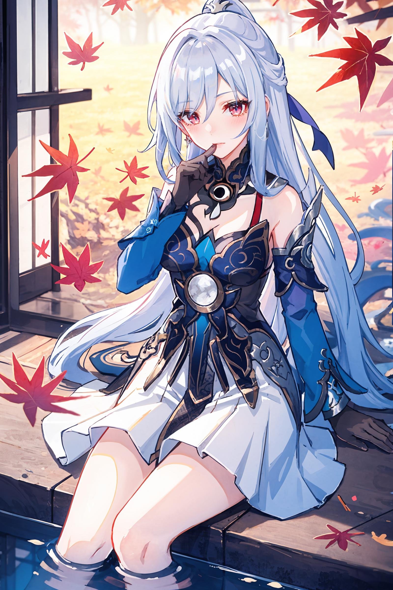 1girl, jingliu \(honkai: star rail\), black gloves, blue dress, detached sleeves, hair ribbon, white skirt, pelvic curtain, halterneck, looking at viewer, sitting, finger to mouth, blush, floating hair, cowboy shot, depth of field, east asian architecture, autumn, autumn leaves, autumn leaves