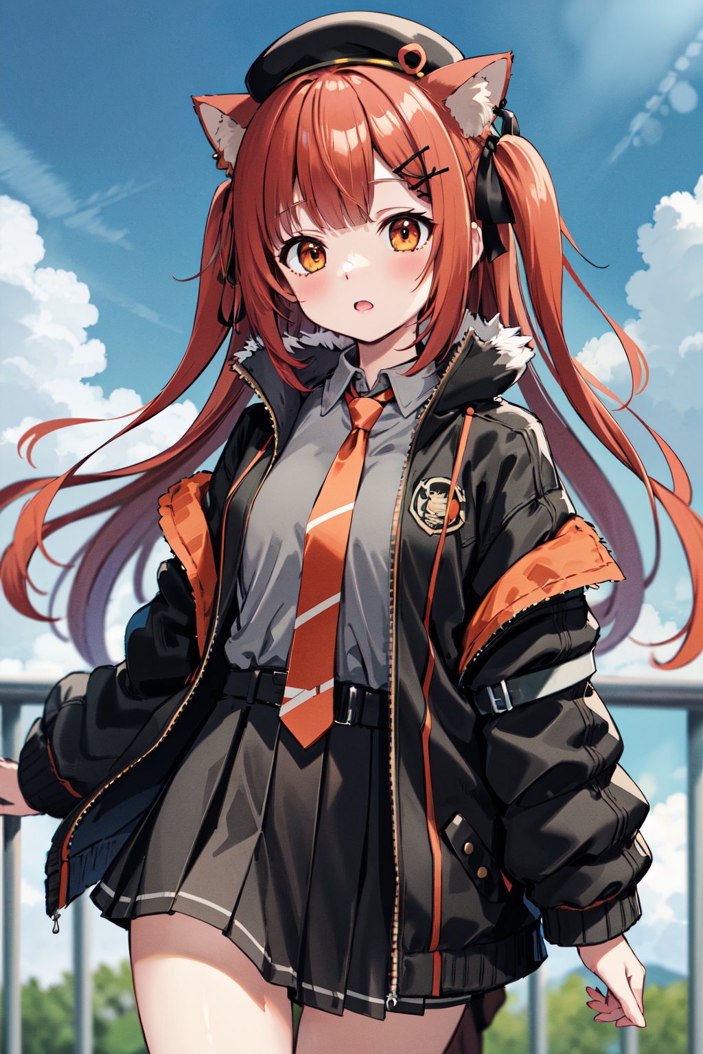 masterpiece, best quality, highres, ccratna, two side up, black ribbon, animal ears, black headwear, beret, fur trim, black jacket, open clothes, grey shirt, long sleeves, orange necktie, black skirt, pleated skirt, <lora:ratna_petit_v1:0.7>, outdoors, standing, cowboy shot,