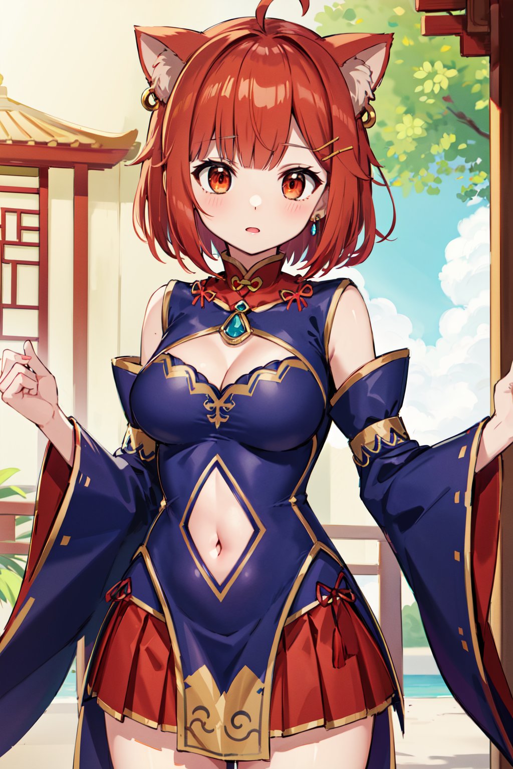 masterpiece, best quality, highres, bbratna, ahoge, medium breasts, jewelry, chinese clothes, cleavage, clothing cutout, detached sleeves, navel cutout, navel, red skirt, <lora:ratna_petit_v1:0.7>, outdoors, standing, cowboy shot, 