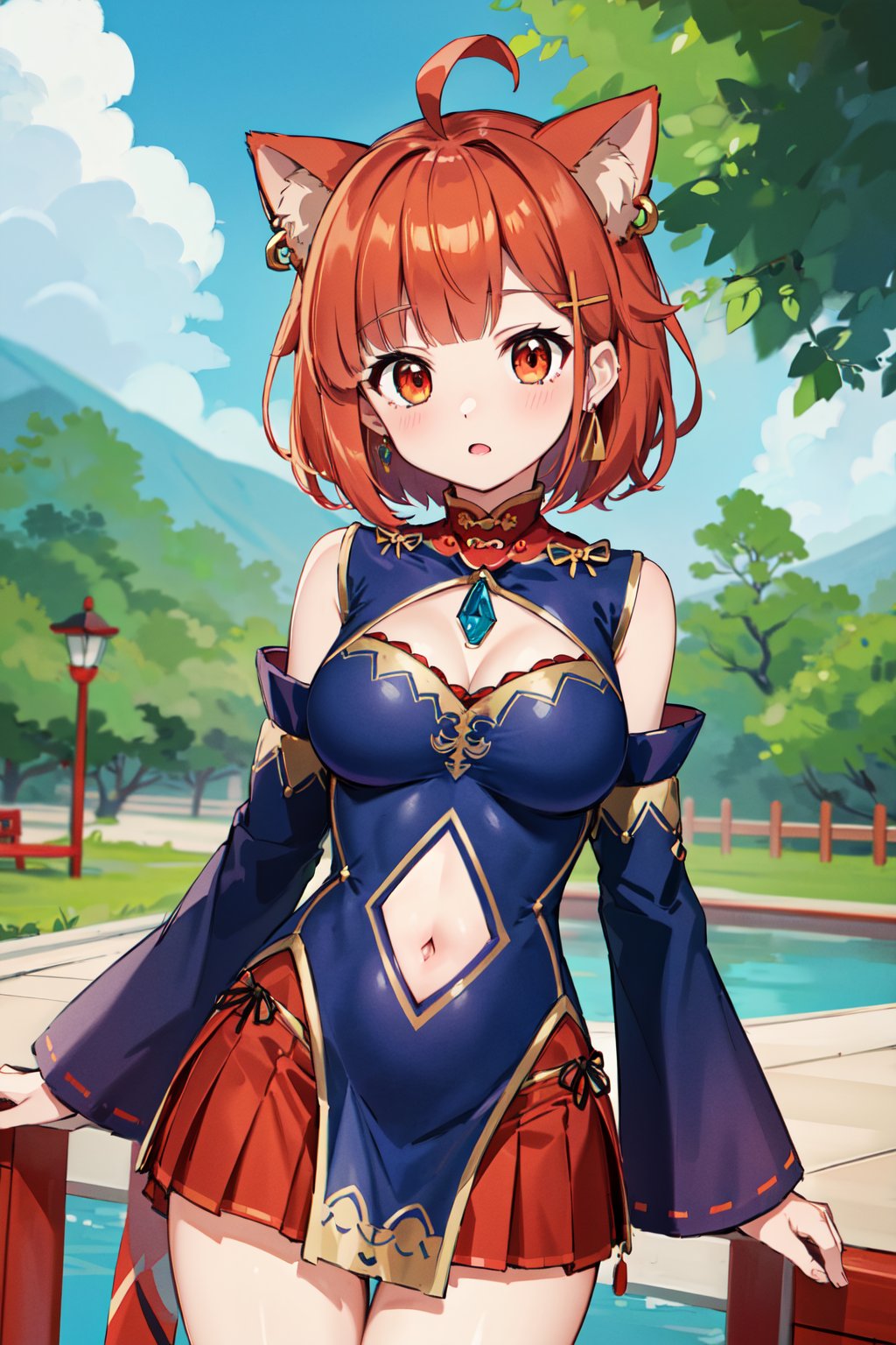 masterpiece, best quality, highres, bbratna, ahoge, medium breasts, jewelry, chinese clothes, cleavage, clothing cutout, detached sleeves, navel cutout, navel, red skirt, <lora:ratna_petit_v1:0.7>, outdoors, standing, cowboy shot, arms at sides, straight-on, 