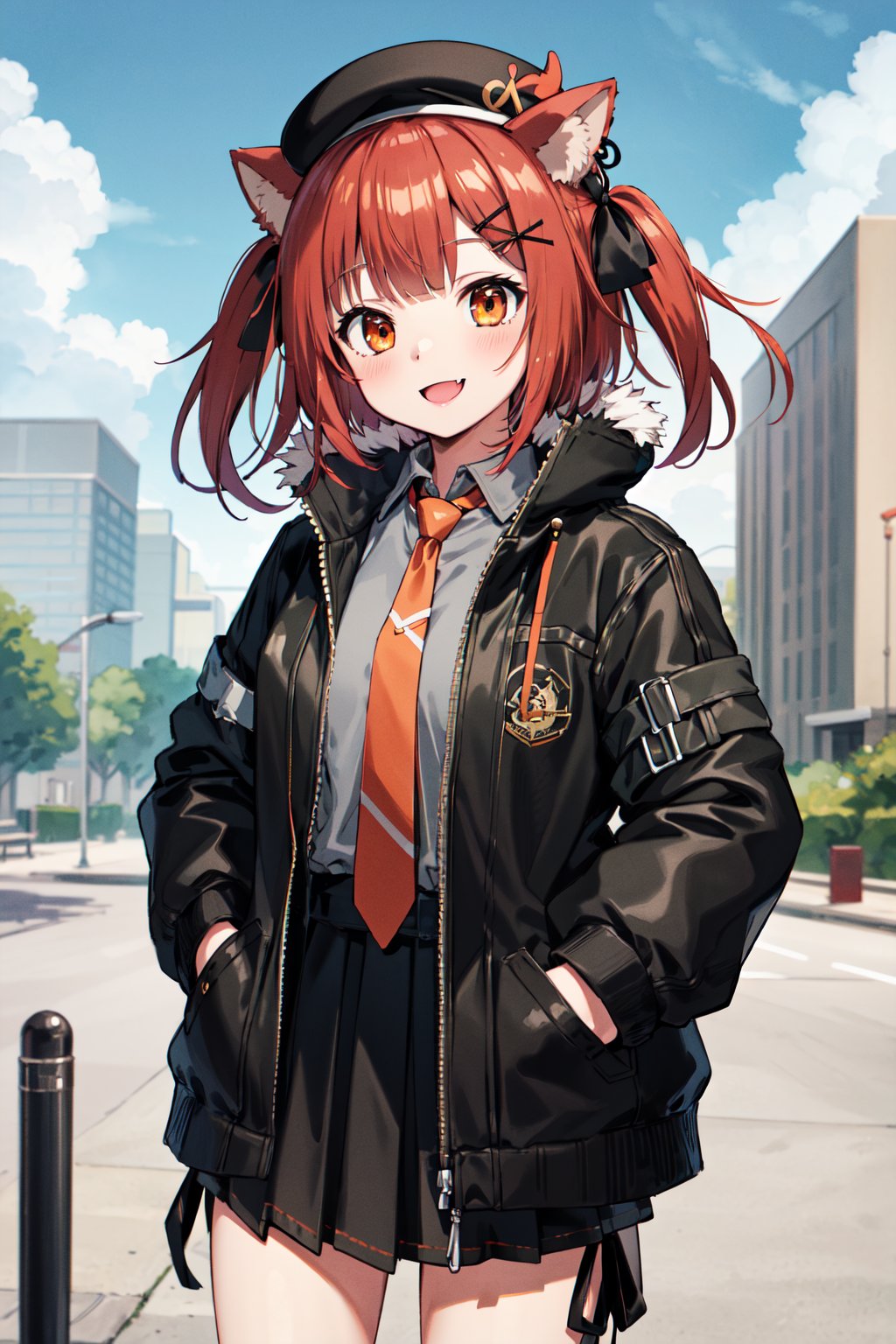 masterpiece, best quality, highres, ccratna, two side up, black ribbon, animal ears, black headwear, beret, fur trim, black jacket, open clothes, grey shirt, long sleeves, orange necktie, black skirt, pleated skirt, <lora:ratna_petit_v1:0.7>, outdoors, standing, cowboy shot, hands in pockets, smile, fang