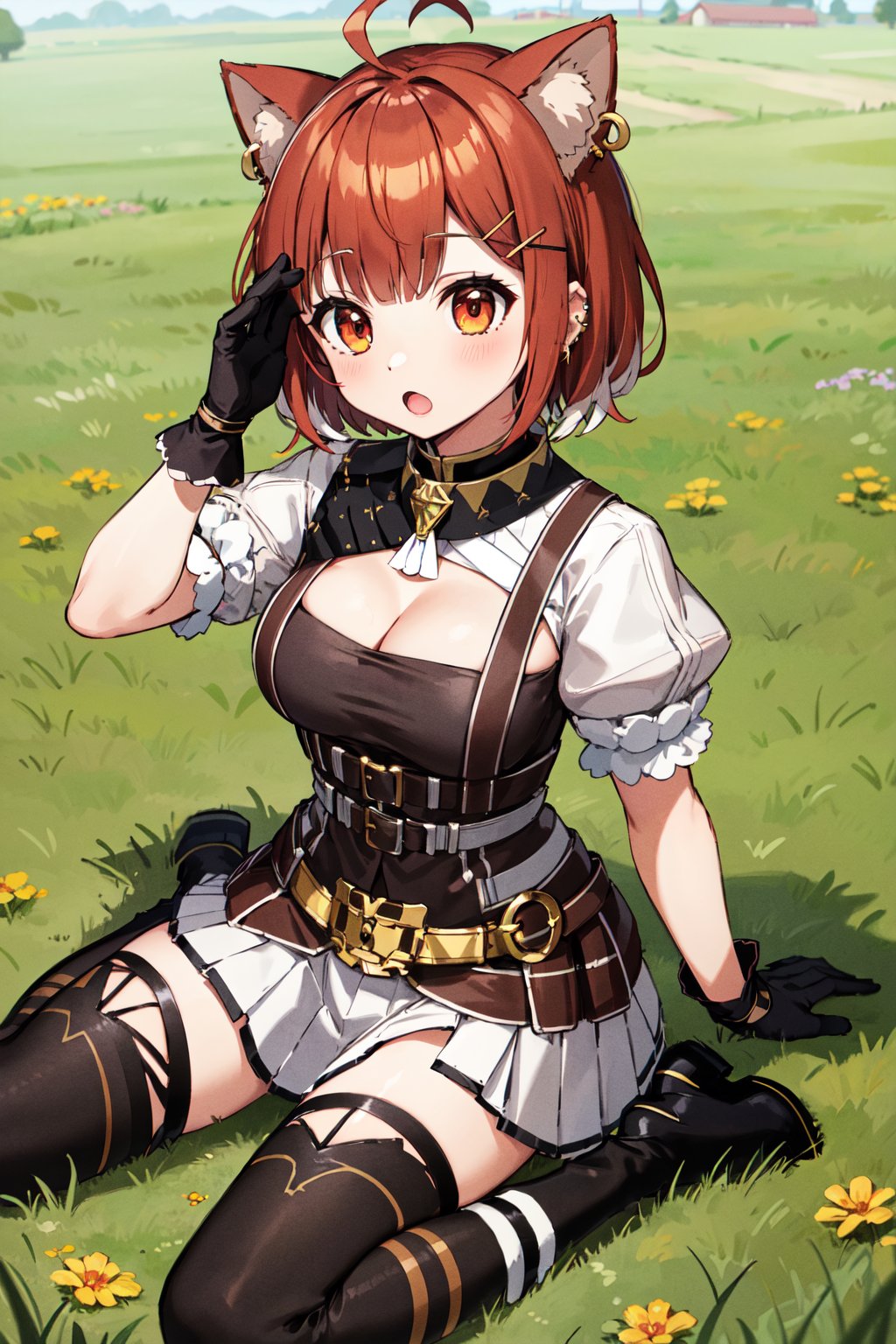 masterpiece, best quality, highres, aaratna, ahoge, short hair, medium breasts, ear piercing, hairclip, cleavage, belt, puffy sleeves, short sleeves, black gloves, white skirt, pleated skirt, black thighhighs, <lora:ratna_petit_v1:0.7>, field, grass, wariza, :o, black footwear, boots,