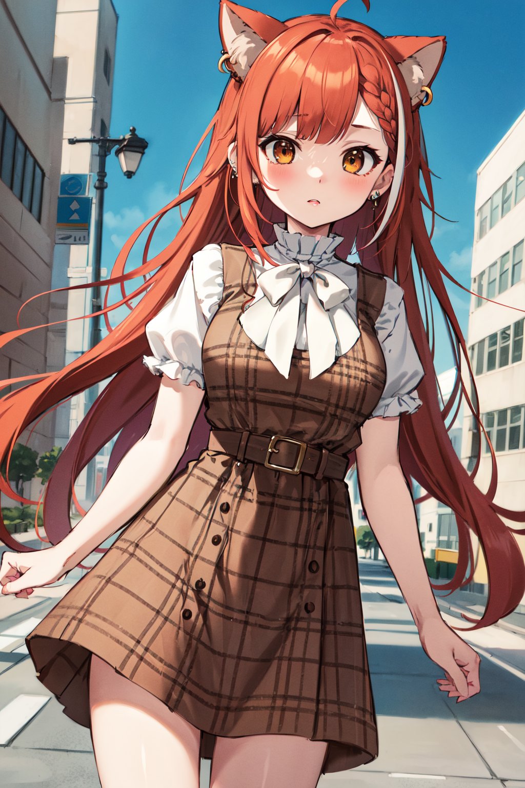 masterpiece, best quality, highres, ddratna, ahoge, braid, ear piercing, white bow, plaid dress, brown dress, belt, <lora:ratna_petit_v1:0.7>, cowboy shot, standing, street