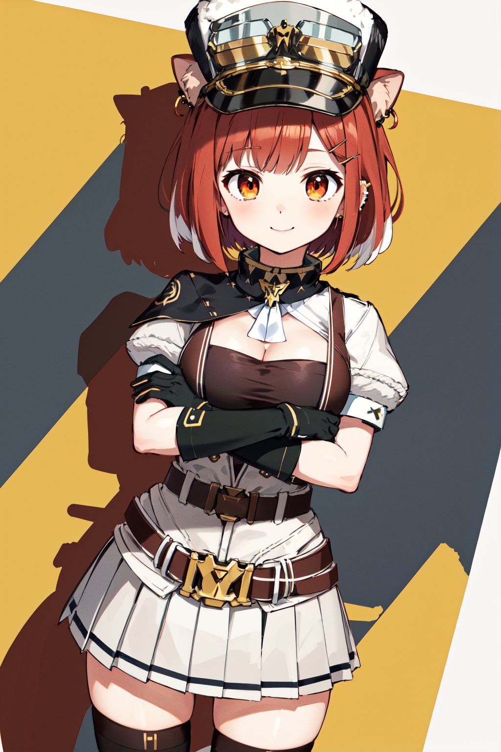 masterpiece, best quality, highres, aaratna, hat, goggles, short hair, medium breasts, ear piercing, hairclip, cleavage, belt, puffy sleeves, short sleeves, black gloves, white skirt, pleated skirt, black thighhighs, <lora:ratna_petit_v1:0.7>, crossed arms, smile, cowboy shot, standing