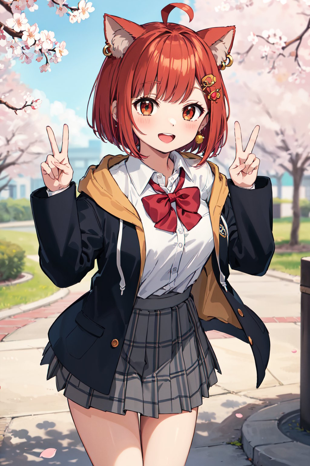 masterpiece, best quality, highres, eeratna, ahoge, hair ornament, red bow, school uniform, white shirt, collared shirt, hooded jacket, long sleeves, open clothes, plaid skirt, grey skirt, black socks, <lora:ratna_petit_v1:0.7>, cherry blossoms, smile, open mouth, peace sign