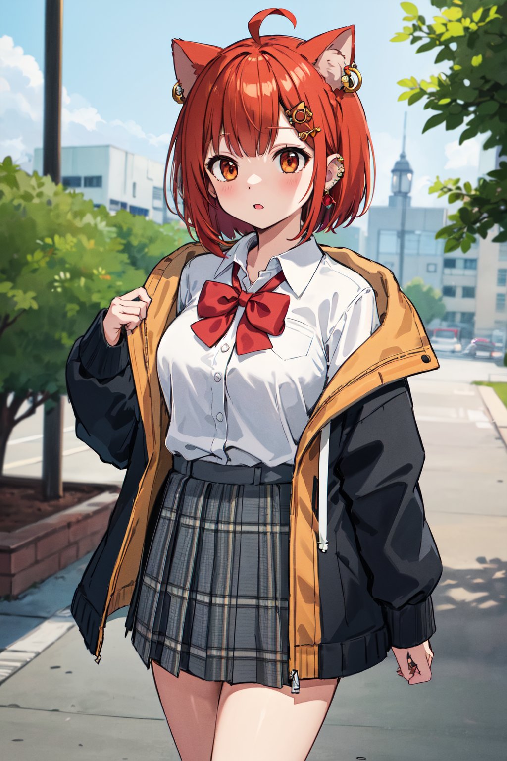 masterpiece, best quality, highres, eeratna, ahoge, hair ornament, red bow, school uniform, white shirt, collared shirt, hooded jacket, long sleeves, open clothes, plaid skirt, grey skirt, black socks, <lora:ratna_petit_v1:0.7>, outdoors, cowboy shot, standing