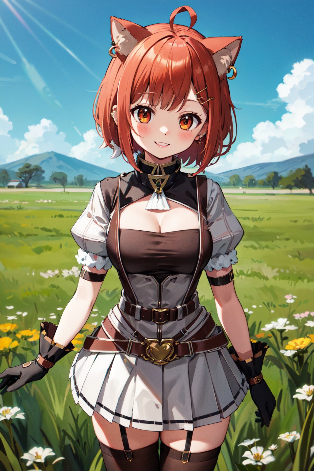 masterpiece, best quality, highres, aaratna, ahoge, short hair, medium breasts, ear piercing, hairclip, cleavage, belt, puffy sleeves, short sleeves, black gloves, white skirt, pleated skirt, black thighhighs, <lora:ratna_petit_v1:0.7>, cowboy shot, outdoors, smile, standing, straight-on, field,