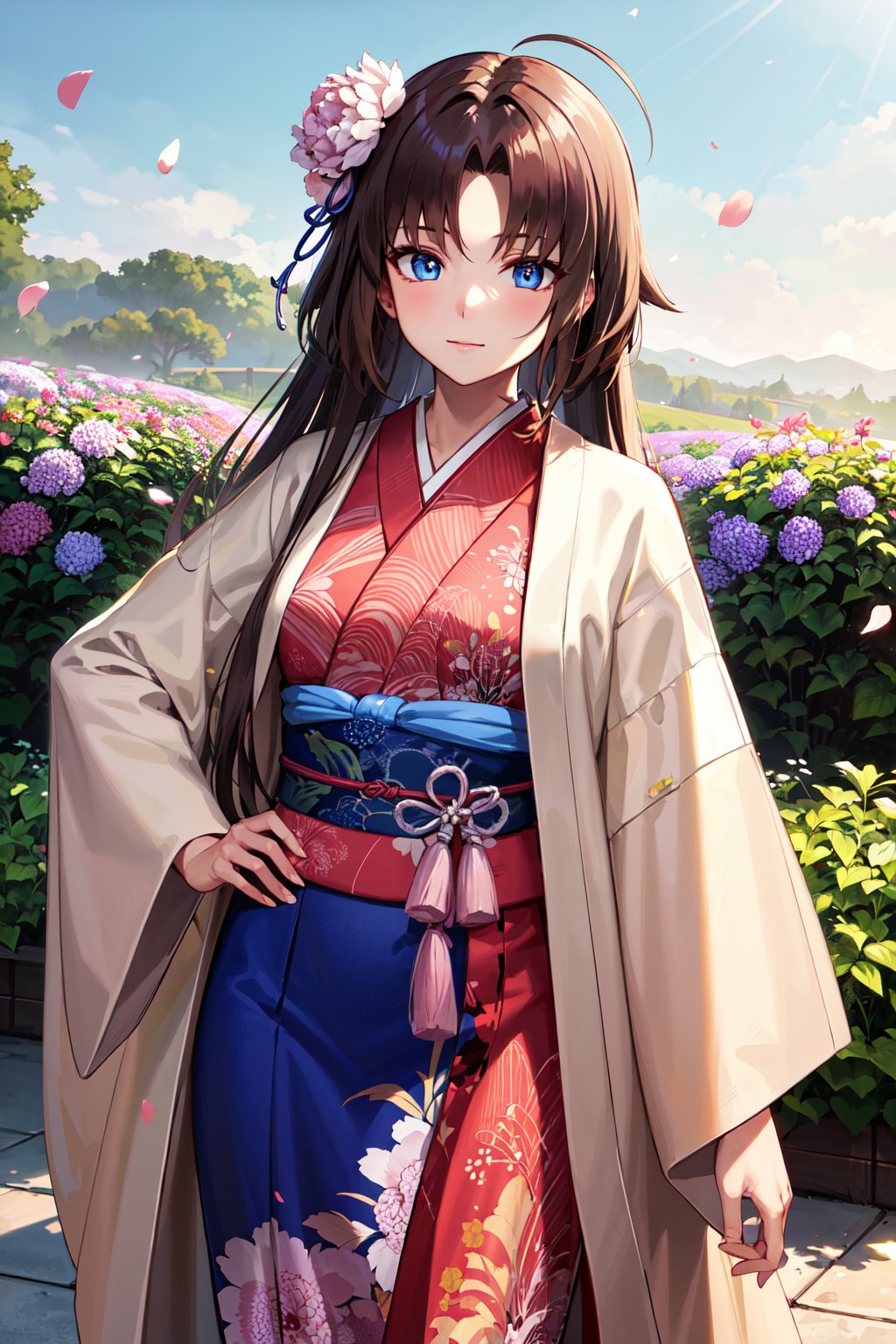 masterpiece, best quality, highres, hmshiki, very long hair, ahoge, hair flower, hair ornament, blue eyes, floral print, (layered clothes:1.2), haori, japanese clothes, <lora:ryougi_shiki_v1:0.7>, garden, petals, cowboy shot, standing, hand on hip,