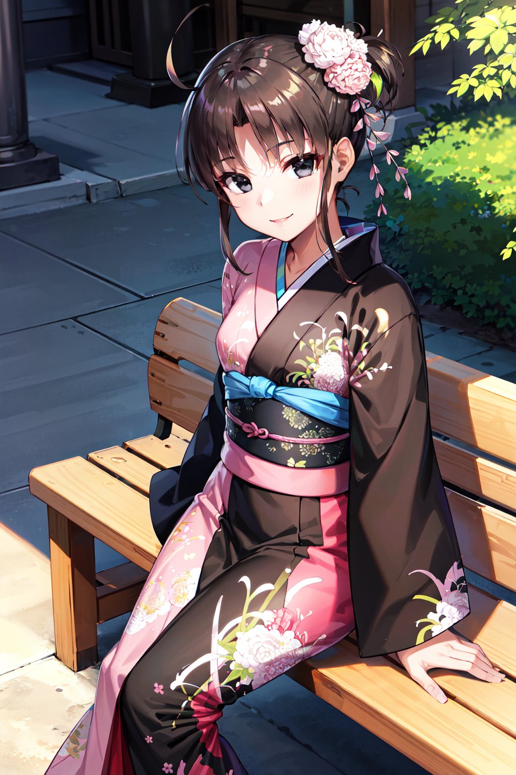 masterpiece, best quality, highres, aashiki, ahoge, hair flower, black eyes, multicolored clothes, black kimono, pink kimono, floral print, <lora:ryougi_shiki_v1:0.7>, sitting, smile, bench