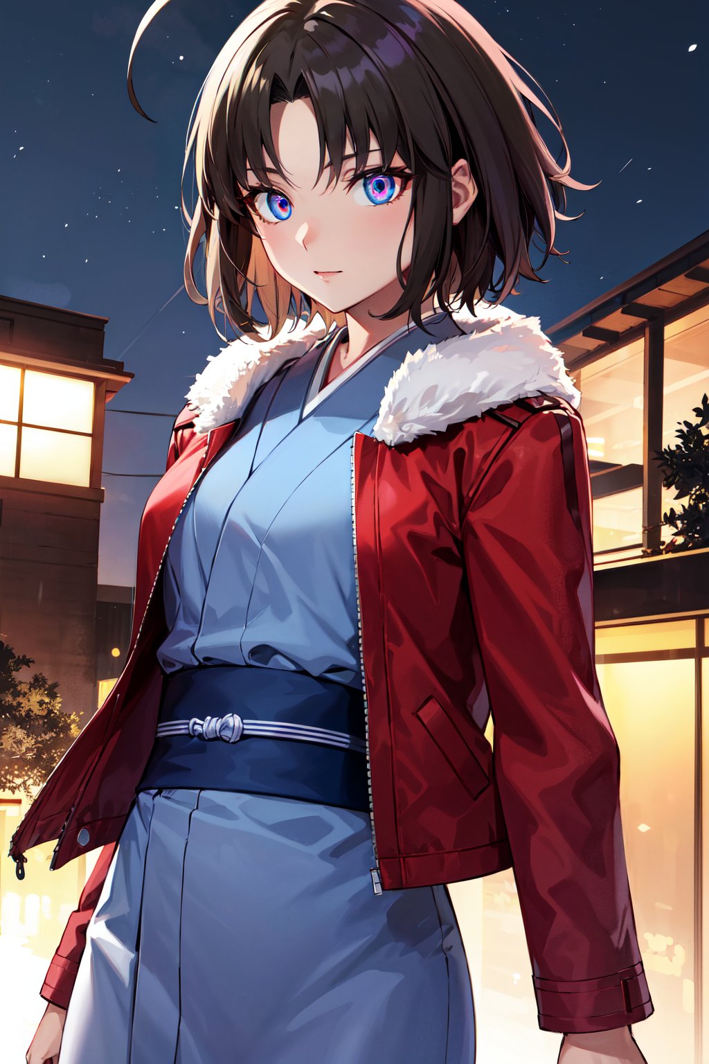 masterpiece, best quality, highres, hmshiki, short hair, ahoge, red jacket, blue eyes, blue kimono, open clothes, fur trim, <lora:ryougi_shiki_v1:0.7>, multicolored eyes, cowboy shot, outdoors, night,