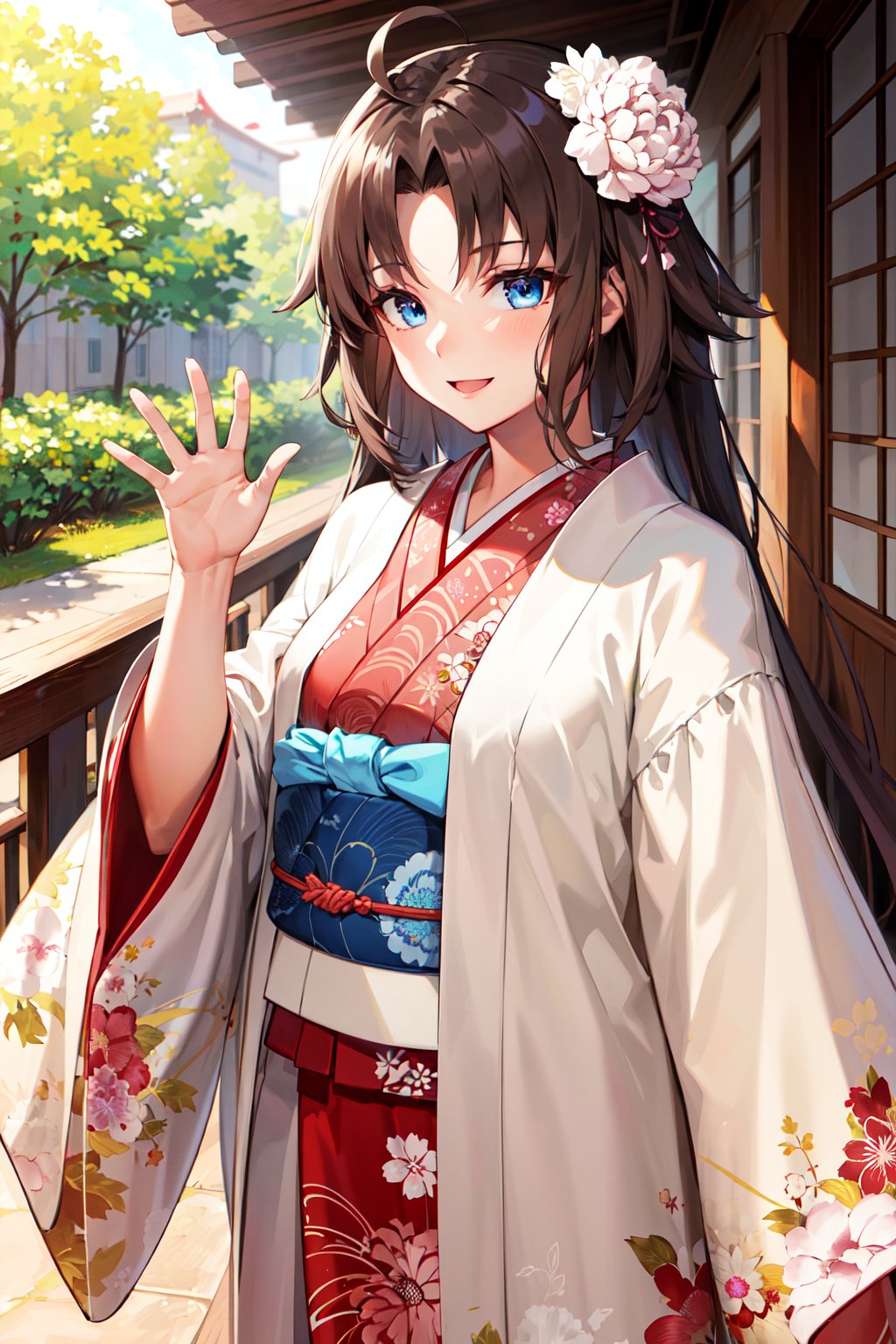 masterpiece, best quality, highres, hmshiki, very long hair, ahoge, hair flower, hair ornament, blue eyes, floral print, (layered clothes:1.2), japanese clothes, <lora:ryougi_shiki_v1:0.7>, waving, outdoors, smile