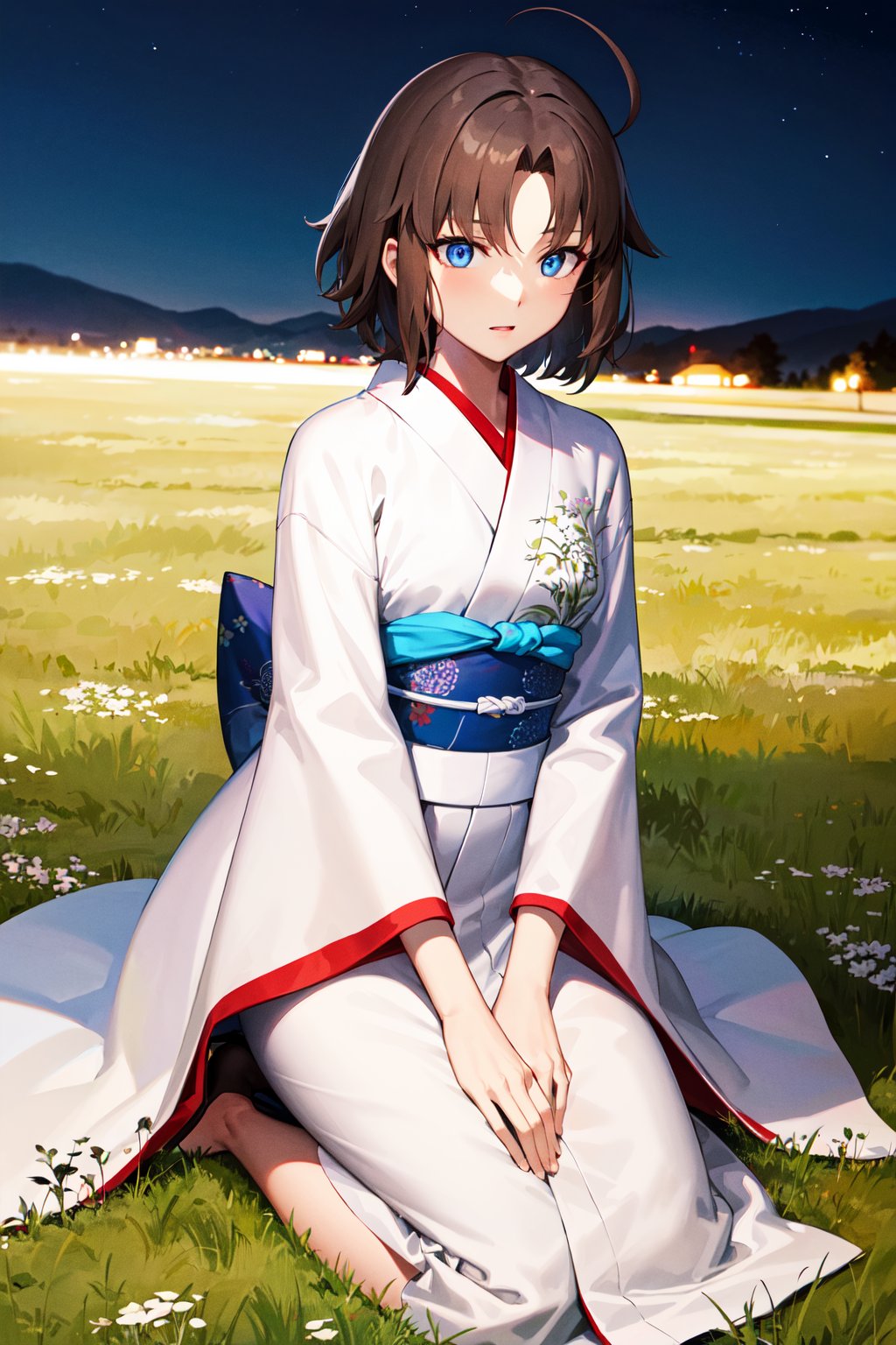 masterpiece, best quality, highres, hmshiki, short hair, ahoge, blue eyes, white kimono, <lora:ryougi_shiki_v1:0.7>, grass, kneeling, sitting, night