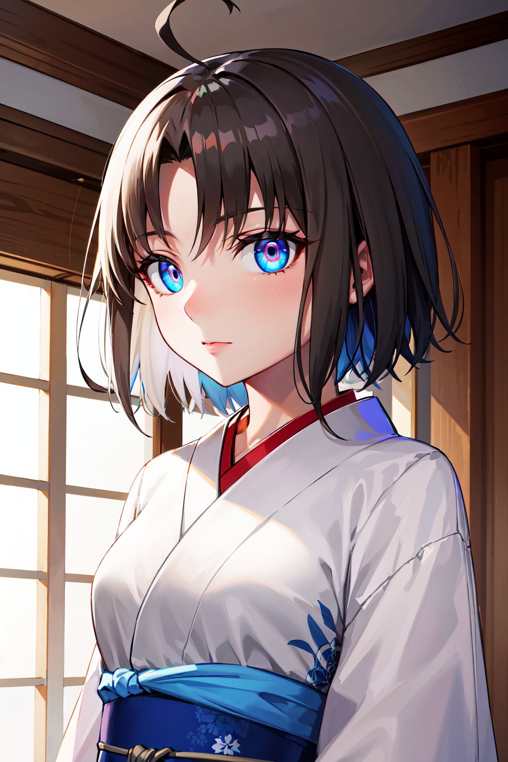 masterpiece, best quality, highres, hmshiki, short hair, ahoge, blue eyes, white kimono, <lora:ryougi_shiki_v1:0.7>. multicolored eyes, looking at viewer, indoors, upper body, 