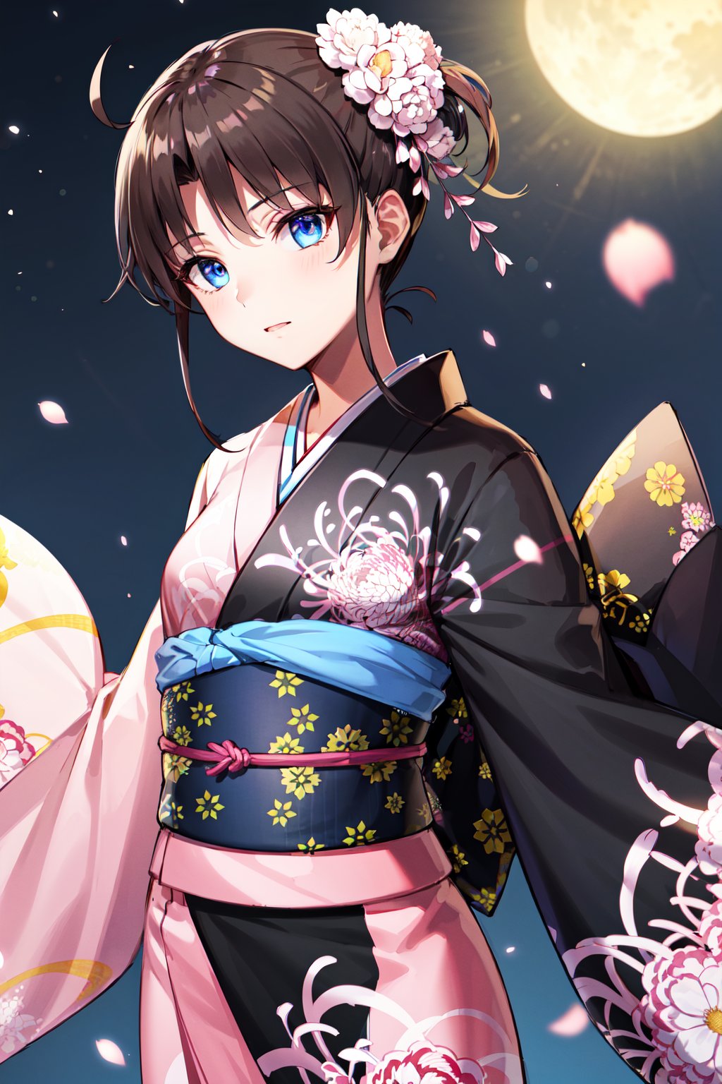 masterpiece, best quality, highres, aashiki, ahoge, hair flower, blue eyes, multicolored clothes, black kimono, pink kimono, floral print, <lora:ryougi_shiki_v1:0.7>, night, cowboy shot