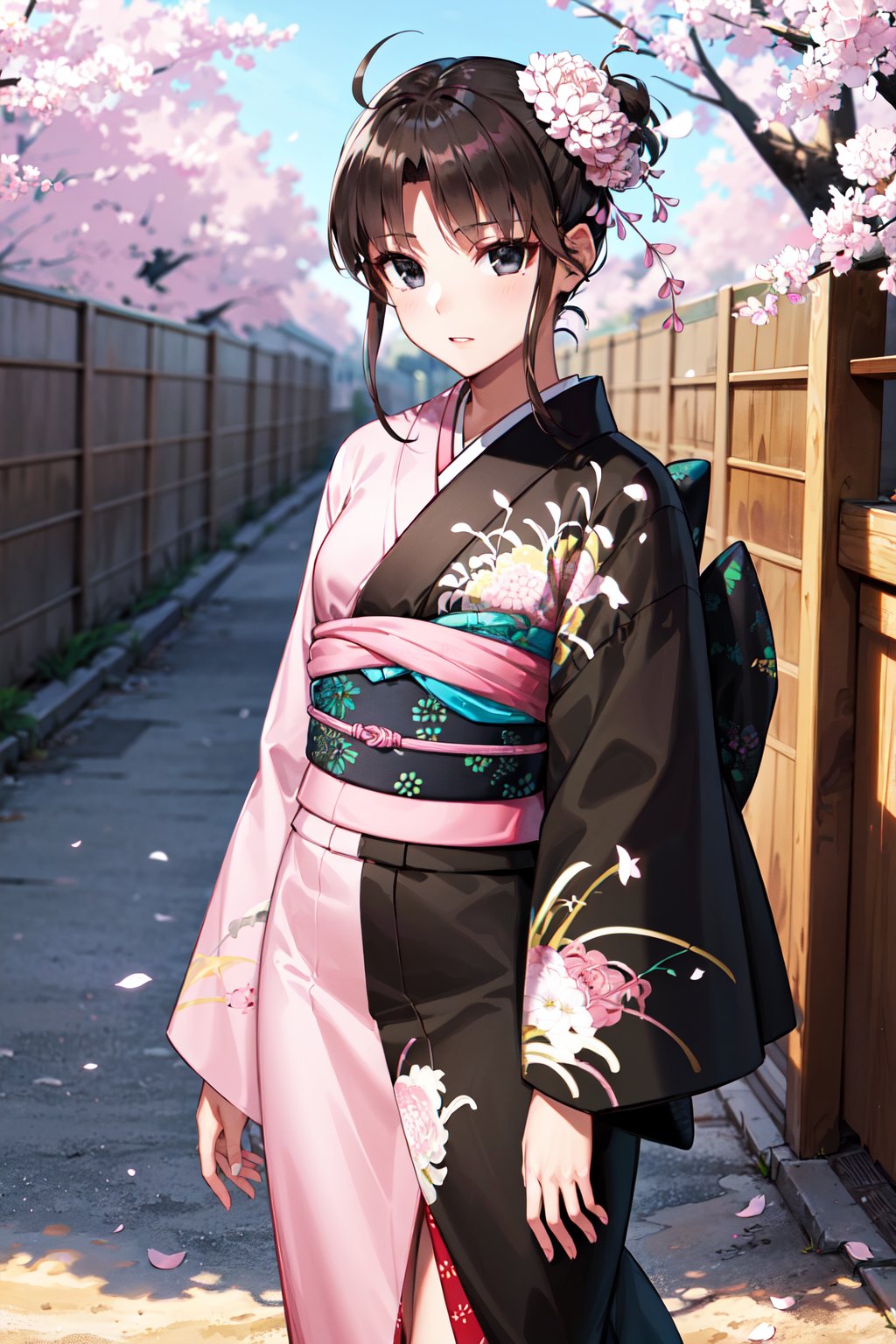 masterpiece, best quality, highres, aashiki, ahoge, hair flower, black eyes, multicolored clothes, black kimono, pink kimono, floral print, <lora:ryougi_shiki_v1:0.7>, petals, outdoors, standing, cowboy shot, arms at sides, straight-on, 