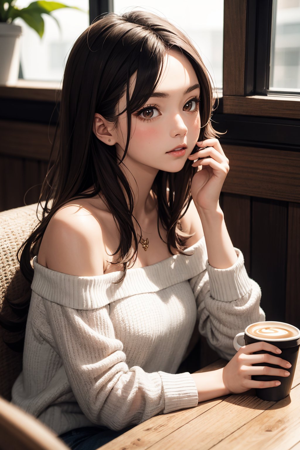 (masterpiece), 1girl, long brown hair, brown eyes, off shoulder, sitting, coffee house, coffee cup,