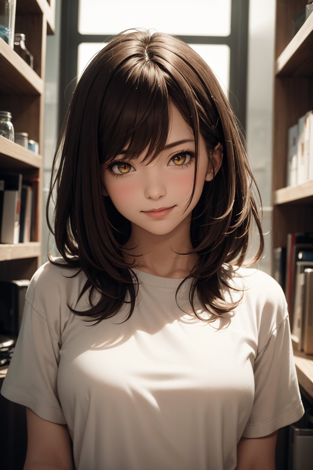 (masterpiece), 1girl, brown hair, yellow eyes, science fiction, messy hair, upper body, smirk